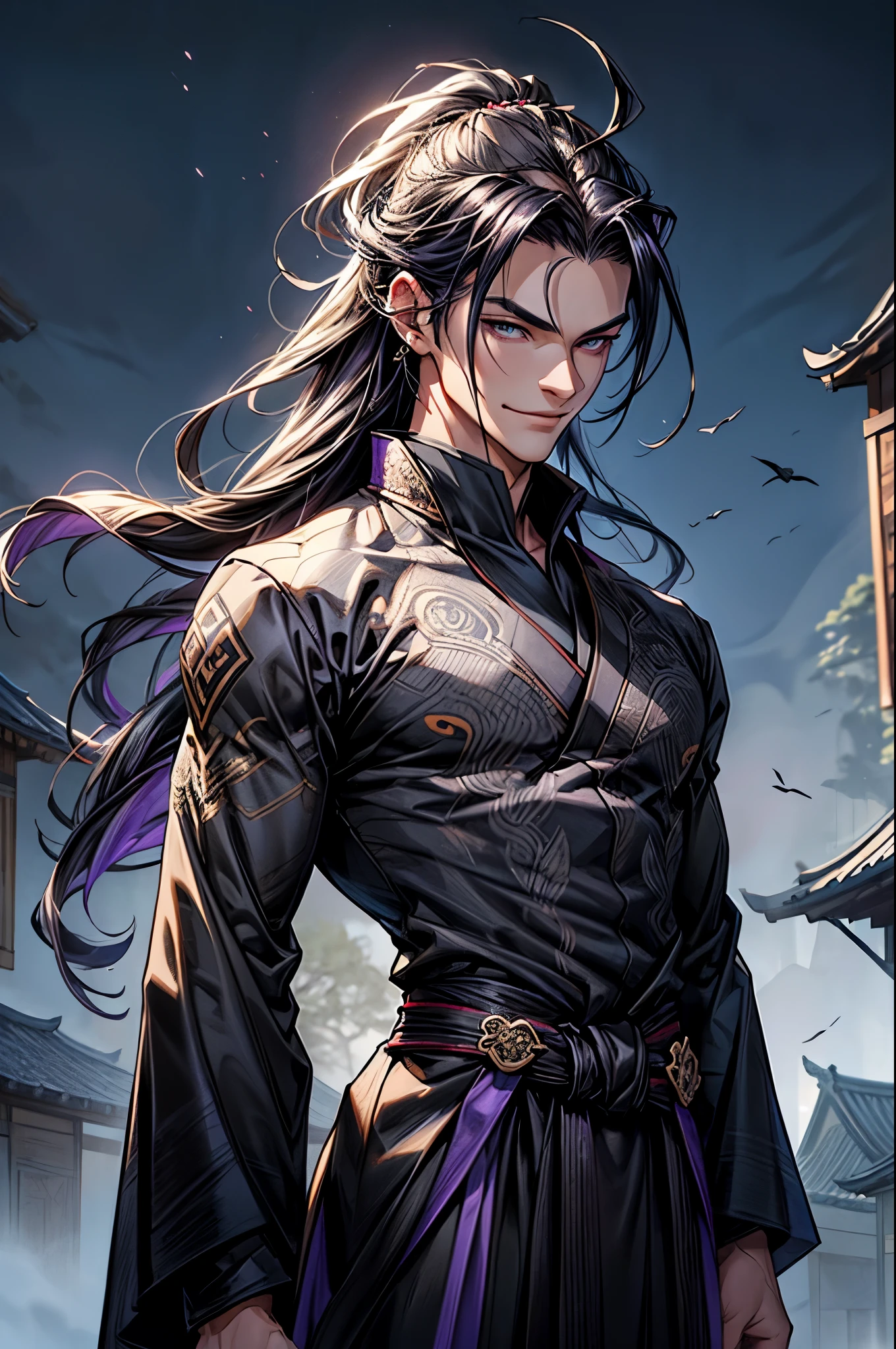 A tall figure in elegant purple kimono, his flowing sleek hair cascading down, sharp angular face with deep, piercing eyes and an enigmatic, shadowy smile. Radiating a serene yet mysterious aura, standing in a heroic pose against a backdrop of a tranquil village, contrasting with ethereal lighting and spiritual energy emanating from his body. Illustration, intricate ink drawing on rice paper, capturing fine details with delicate strokes, --ar 16:9 --v 5