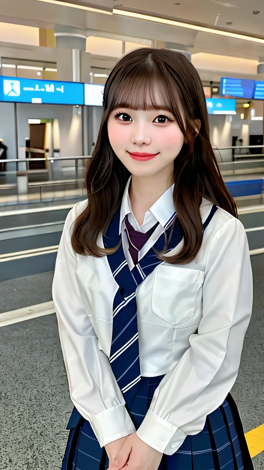 realistic pictures (1 cute korean star) crossed bangs, light makeup, medium chest size, smile a little, school uniform,high school uniform、 At the airport, throw, eye level shot, blurry, Hmm, masterpiece, High resolution, 16k