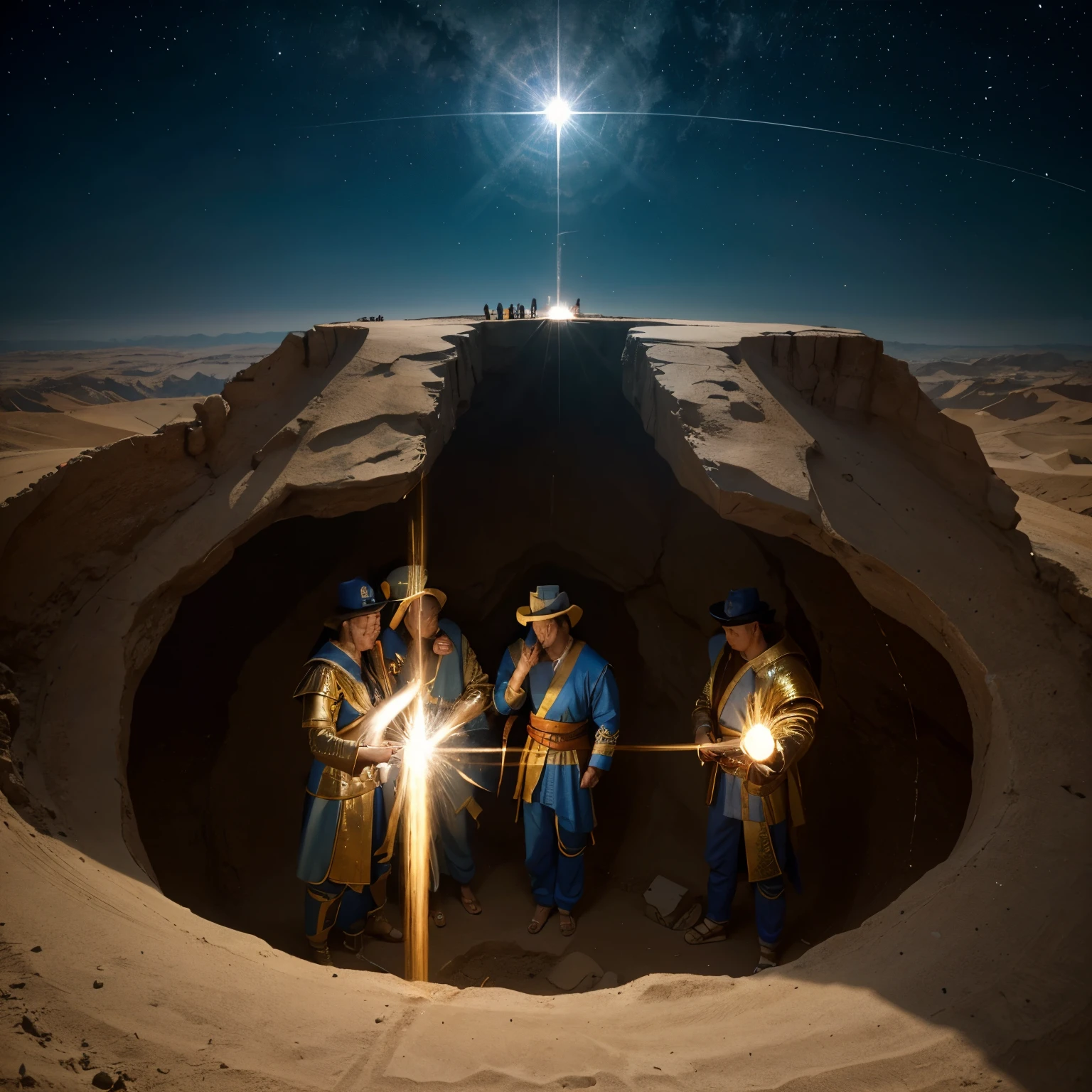 hole in the sky, Four Heavenly Kings looking down from a hole, The Four Heavenly Kings send light and energy downward.
