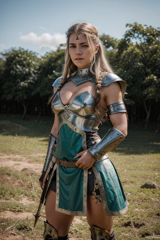 uma mulher guerreira viking de armadura completa em um campo de batalha medieval, Arms with muscles, olhos azuis e rosto serio 