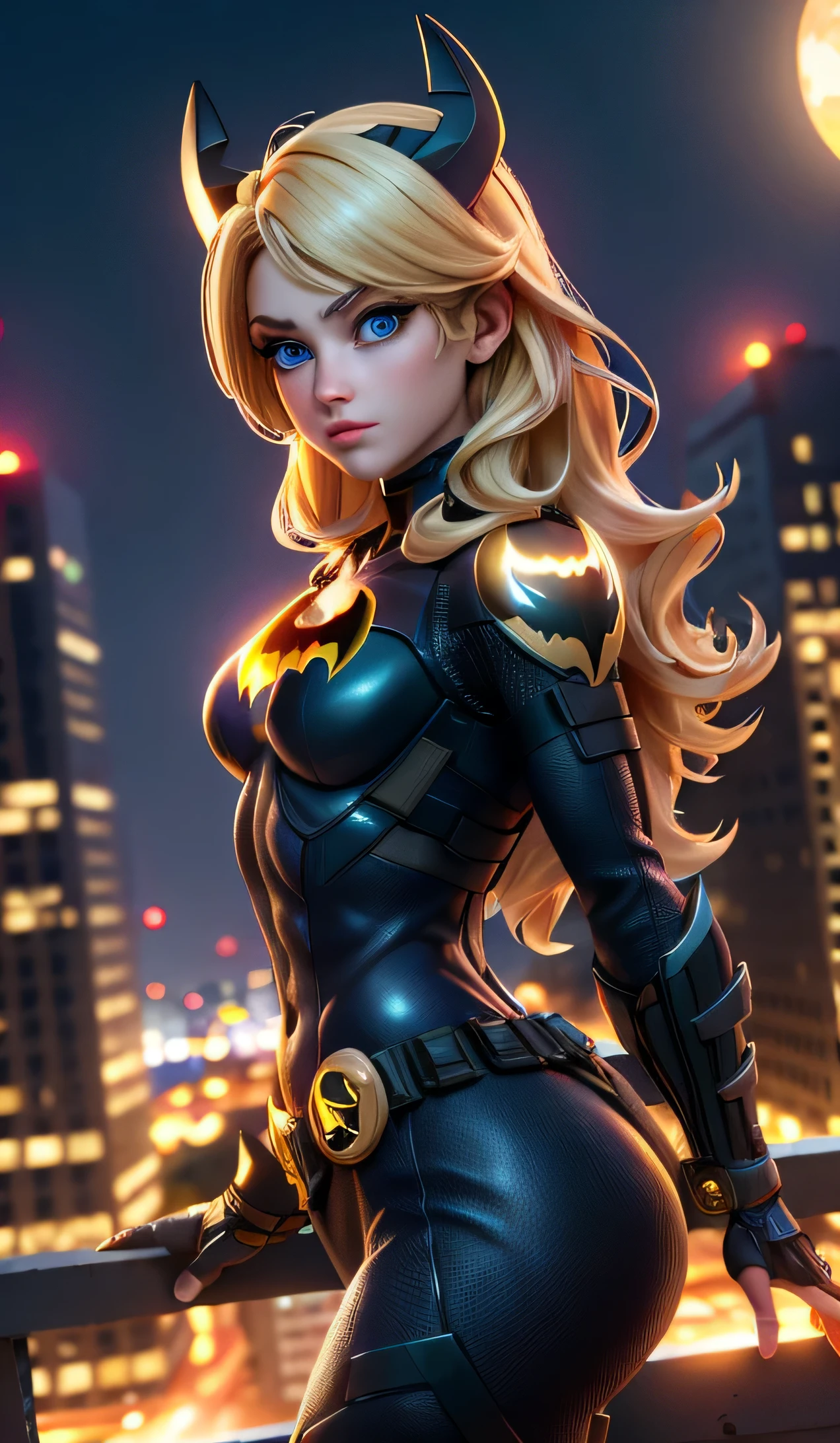 mini\(ttp\), (8k, RAW photo, highest quality, masterpiece:1.2), City night background, cute background, written boundary depth, Batgirl in golden armor, blue eyes, blonde hair