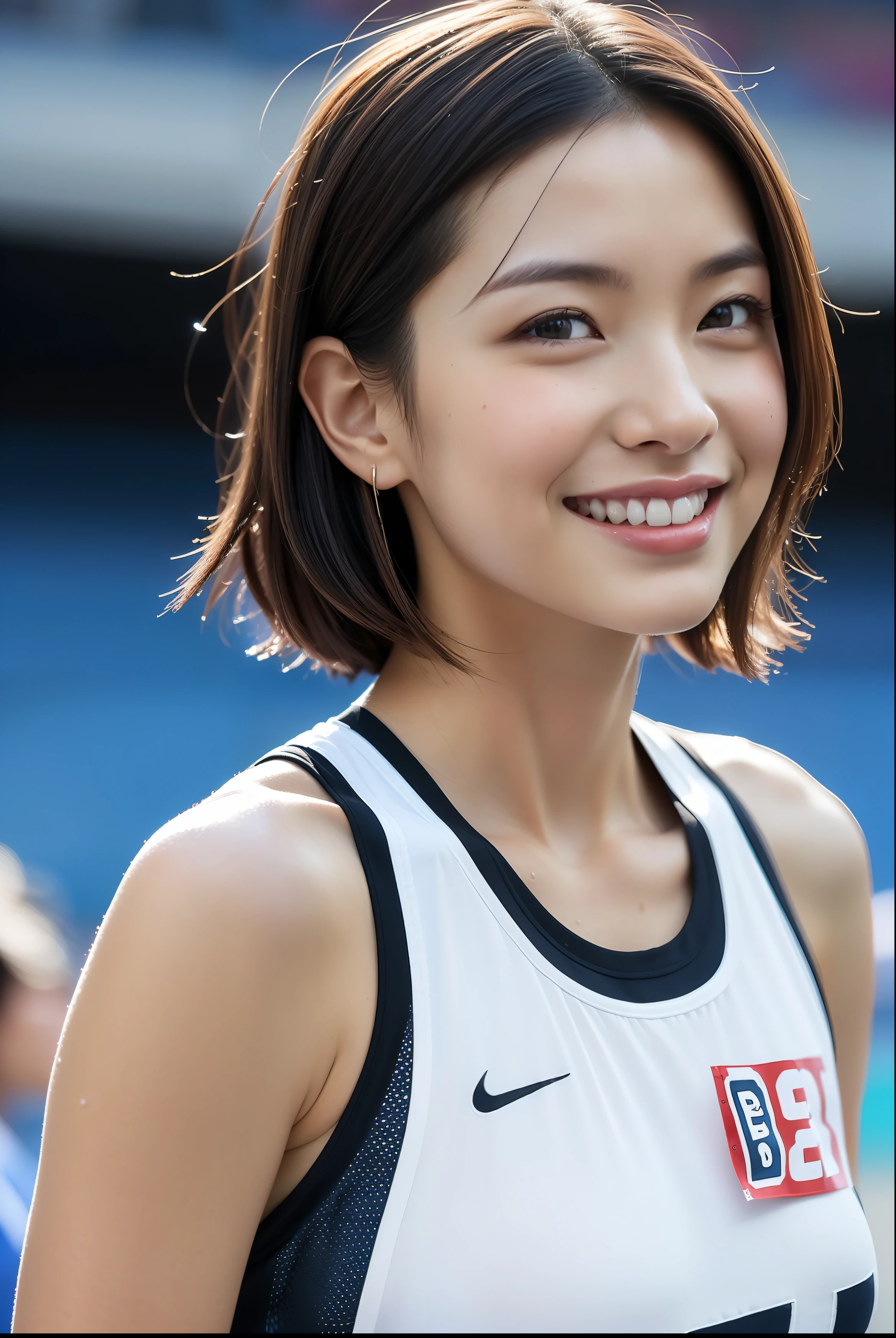 (((full body lesbian)))、Japanese beautiful girl、(((Track and field uniform)))、((Glossy shoulder-length black hair))、pose、hairy armpits、wet、sweaty body、perfect style、beautiful legs、kawaii、((track & women's track and field athletes))、(((1 person)))、((stadium))、Super cute、smile slightly、beautiful breasts、full body lesbian、playground、((Outstanding style))、((healthy body))、 Realism、Beautiful and delicate eyes、Surrealism、high contrast、ultra high definition、Realistic skin texture、Top image quality、top quality、ultra high resolution、fine details、very attentive