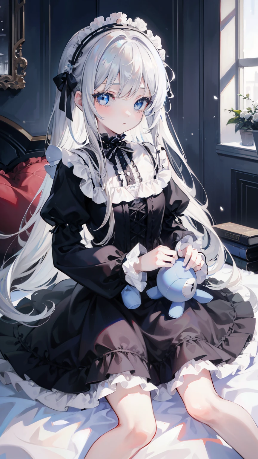 1 girl,Highest image quality,alone,gray hair,like snow white,blue eyes, white skin,Sleepiness,long hair,sleeping habit,half eye,,wet with water, doll,indoor,gothic lolita,gothic dress,frills,stuffed toy,,,small,