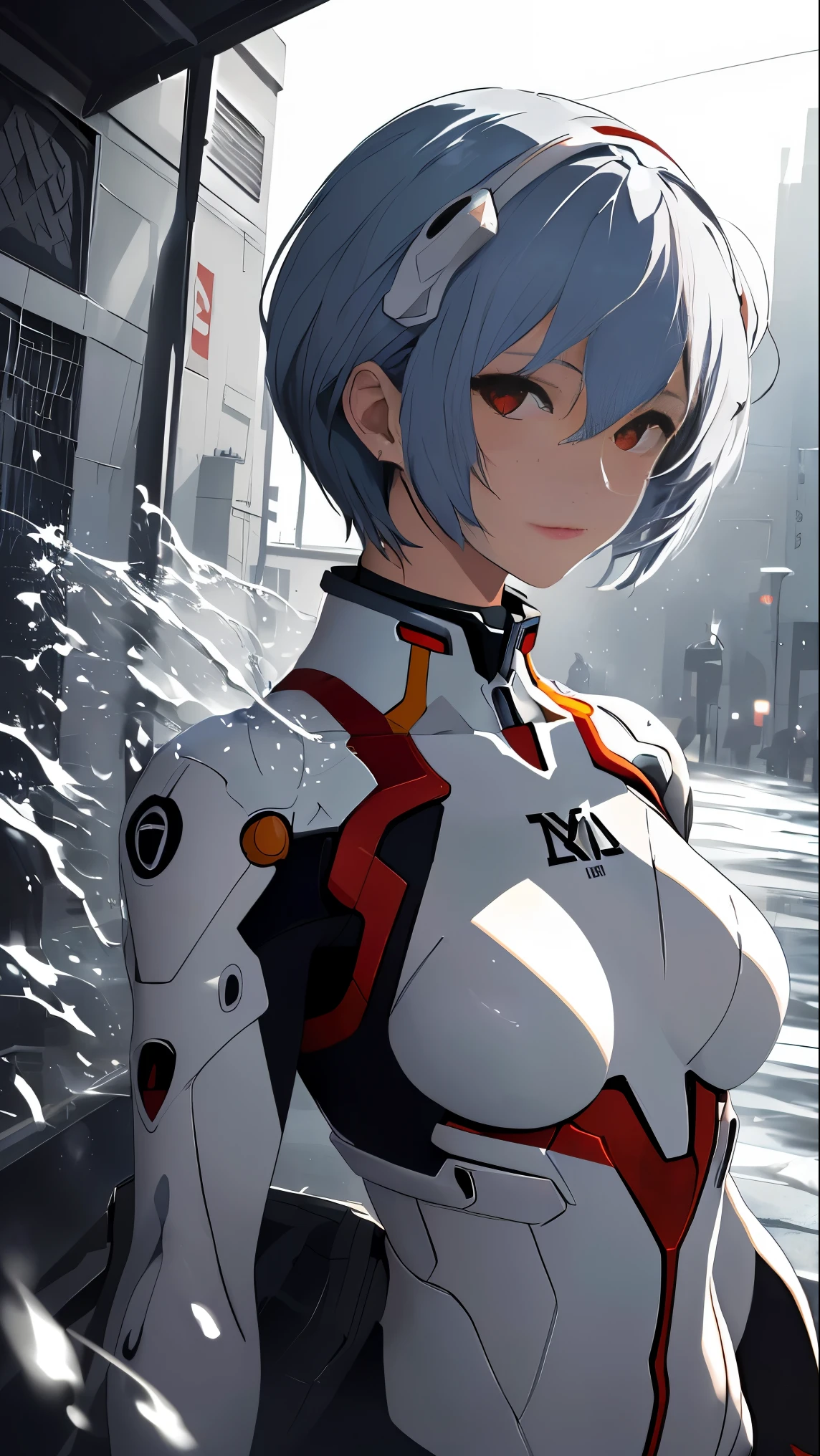 (best quality, masterpiece, colorful, dynamic angle, highest detailed)(\Rei Ayanami\), upper body photo, fashion photography of cute girl (\Rei Ayanami\), red eyes, dressing high detailed Evangelion white suit (high resolution textures), in dynamic pose, bokeh, (intricate details, hyperdetailed:1.15), detailed, sunlight passing through hair, splash art background(high contrast, official art, extreme detailed, highest detailed),
