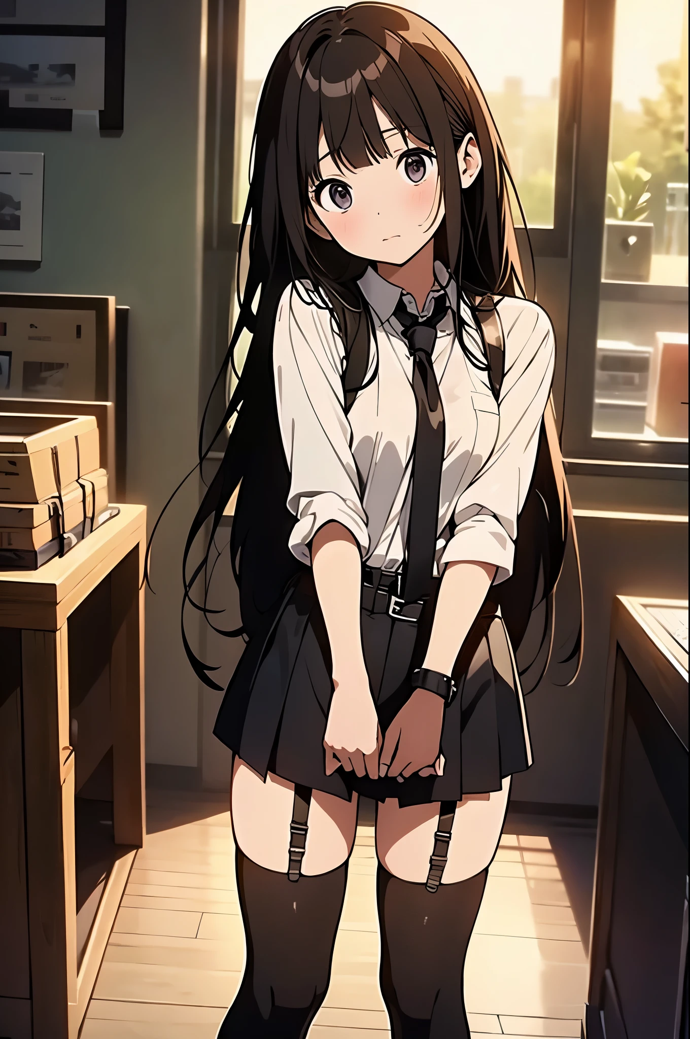 brown hair、looking at the viewer suspenders big swollen breasts black mini skirt garter belt knee high socks Aerial perspective small face bangs Beauty hands up sideways view black boots provocation one person cutter shirt hands behind put your hands behind your back Hands behind your back With your hands behind your back armed holster Belt Garter Bell Black Gloves with Holes A Hotel Room Bed wall side