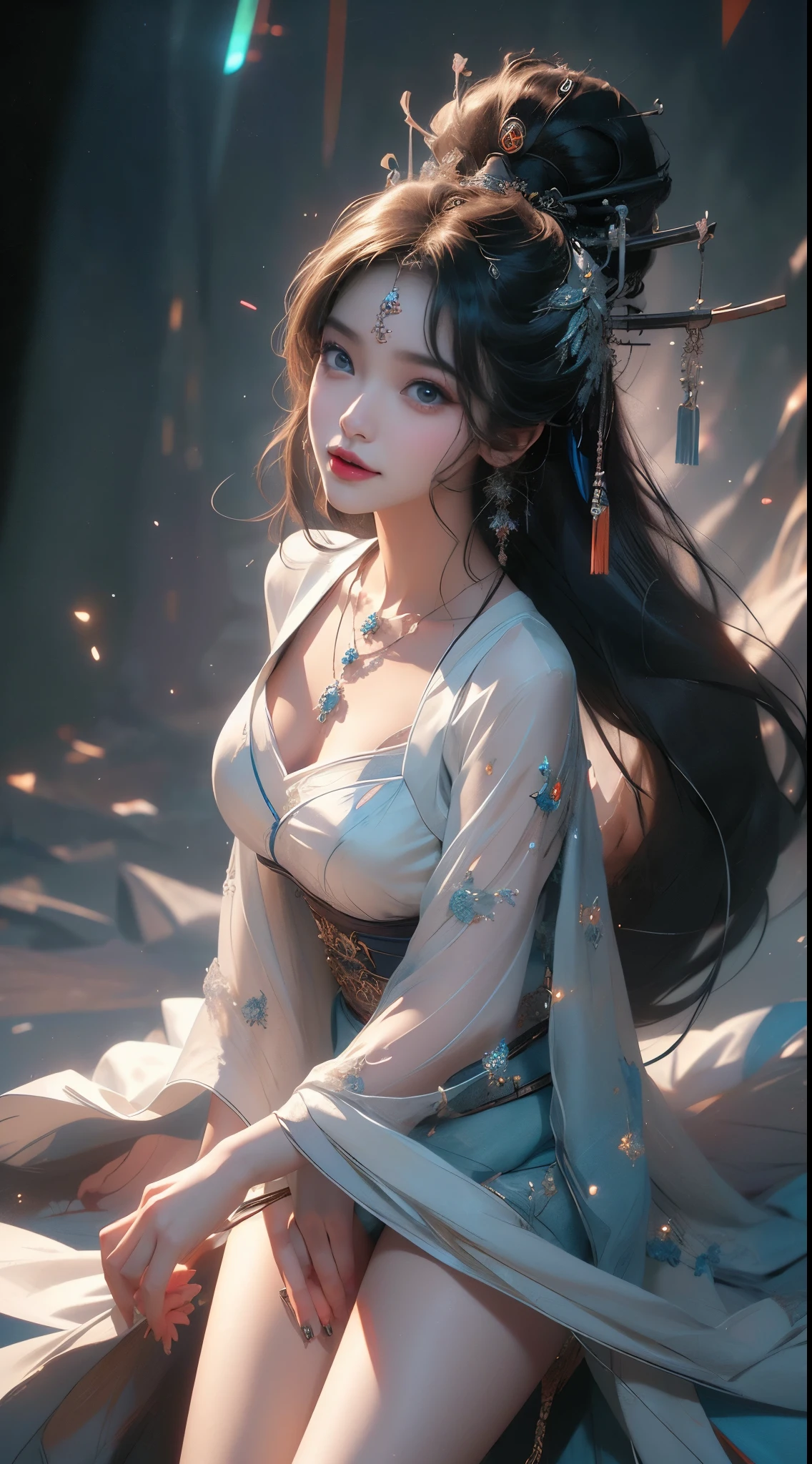 ((knee shot)), 8k, masterpiece, original photo, best quality, detail:1.2), ((Shot at random angles)), lifelike, Extremely detailed CG unified 8k wallpapers, depth of field, movie light, lens flare, Ray tracing, (extremely beautiful face, beautiful lips, beautiful eyes), intricate detail face, ((ultra detailed skin)) 1 girl, in the darkness, deep shadow, beautiful korean girl, kpop idol,(Very slim figure:1.3), plump breasts, (bright smile), (City night, (neon lights), (night), beautiful korean girl, white diamond earrings, diameter bracelet, Dia Necklace, clear eyes, Walk, (big eyes)