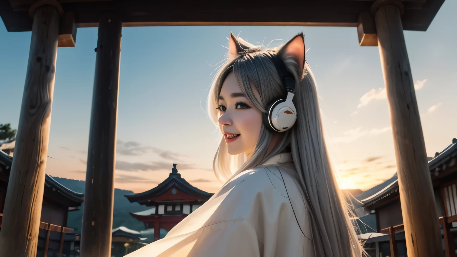 masterpiece, highest quality, movie stills, 1 girl, Cloud Girl, floating in the sky, close, bright, Happy, warm and soft lighting, sunset, (spark:0.7)、Cat ear、headphone、gray hair、17 year old girl、cute、Glamour、good style、laughter、Plump、good style、shrine、torii、In town、shrine maiden、fortune teller、mature、silver hair、long hair、big eyes、double eyelid、whole body、back view、shrine maiden服、