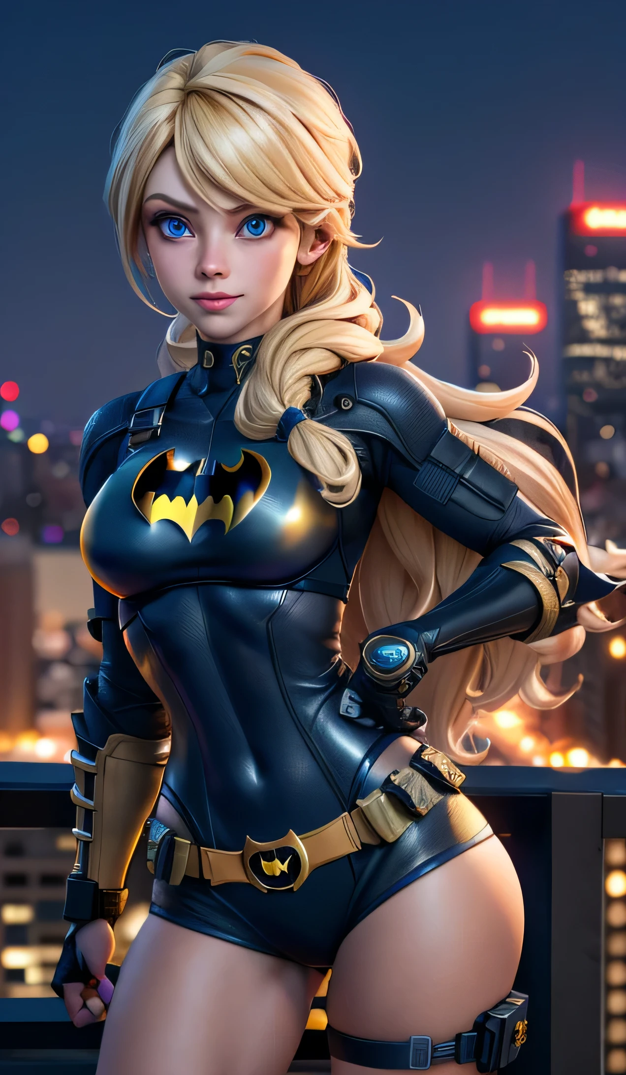 mini\(ttp\), (8k, RAW photo, highest quality, masterpiece:1.2), City night background, cute background, written boundary depth, Batgirl in golden armor, blue eyes, blonde hair,bikini,spread your legs