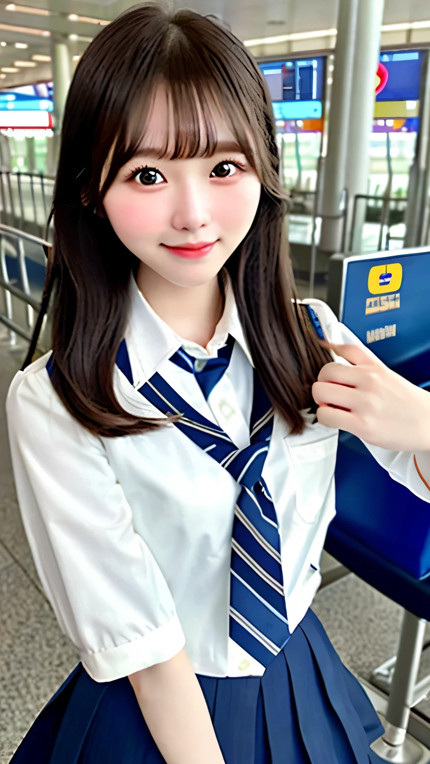 realistic pictures (1 cute korean star) crossed bangs, light makeup, medium chest size, smile a little, school uniform,high school uniform、 At the airport, throw, eye level shot, blurry, Hmm, masterpiece, High resolution, 16k