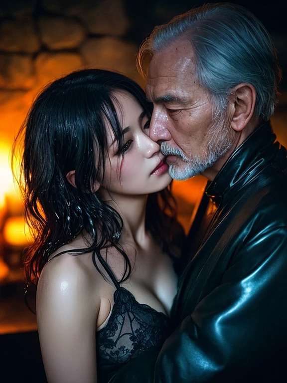 portrait of two people, And the old man ((kiss)), wet body, sexy costume, different hair color, HDR, slate atmosphere, cinematic, dim color, dark shot, calm colors, the film is rough, access, insane details, intricate details, very detailed,