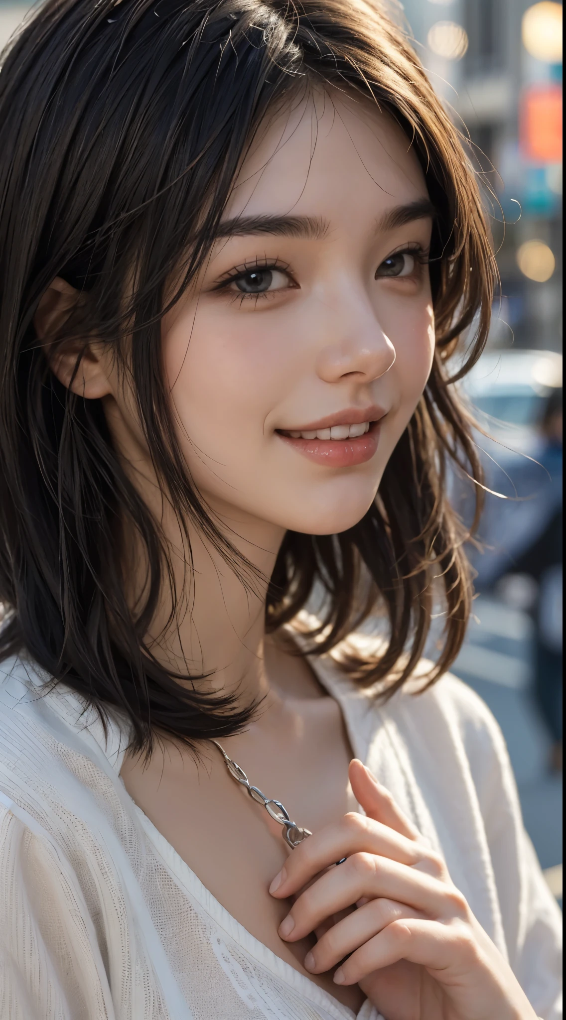 cute 18 year old,1 girl, tokyo street,night, cityscape,city lights, ((face close up:1.5)),((smile showing white teeth)),((jet black short bangs)),((all back hair)),close, 8k, RAW photo, highest quality, masterpiece,realistic, photo-realistic,