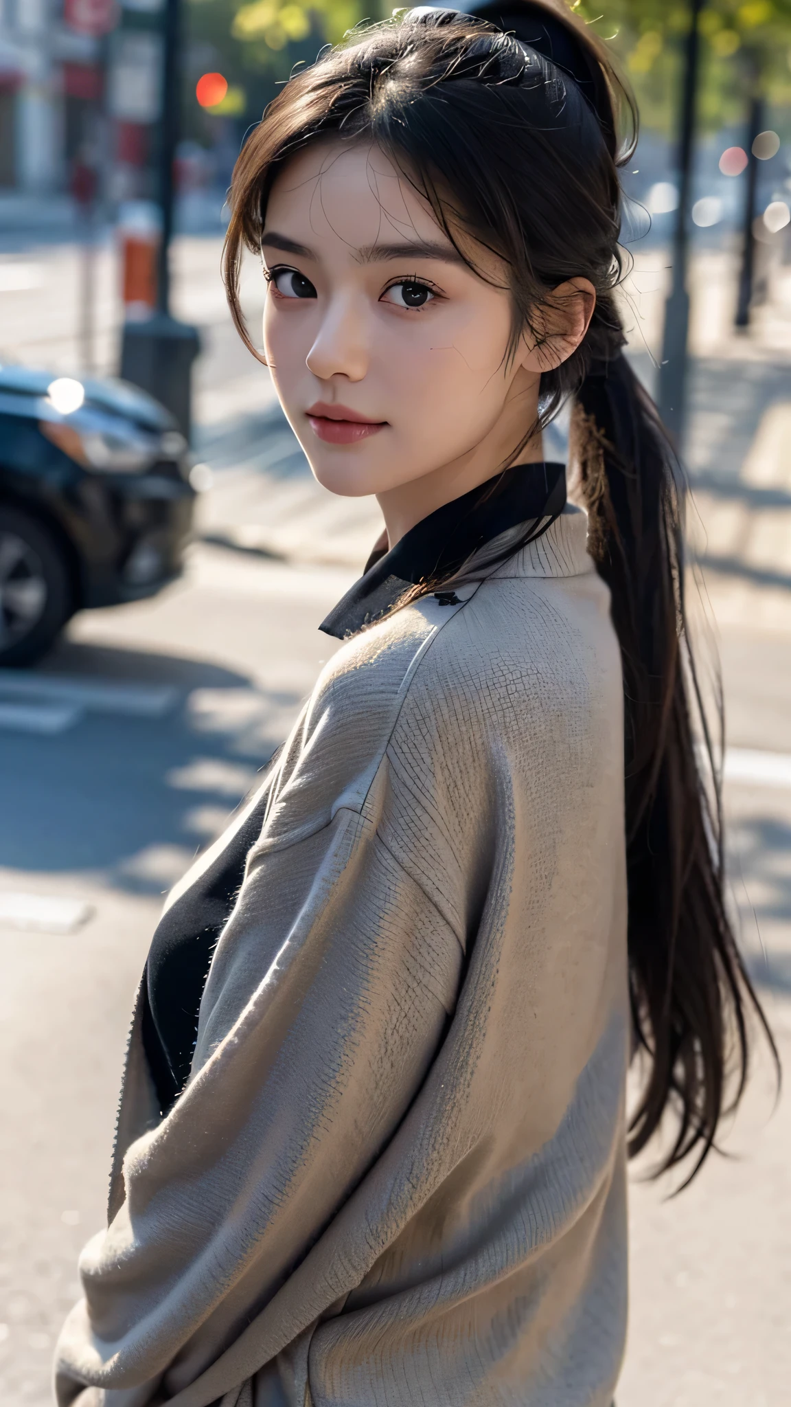 One woman,fully body photo,masutepiece, The highest image quality, High quality, the background is clear,Beautiful woman, Japanese, Detailed, Detailed eyes, Detailed skin, Beautiful skin, 超hight resolution, (reality: 1.4),Very beautiful woman, Slightly younger face, Beautiful skin, slender, (Ultra photo realsisim), (hight resolution), (8K), (Very detailed) (beautifully detailed eyes), (super detailed), (Detailed face), view the viewer, Fine details, Detailed face, Staring straight ahead, Staring straight ahead, photos realistic, Bright lighting, Professional Lighting, Black hair,poneyTail,a baby face,sixteen years old,Hairstyle is ponytail,long ponytail hairstyle,slight smile,neat and tidy clothing,European Streets,winter Clothing,snowing,Coat,