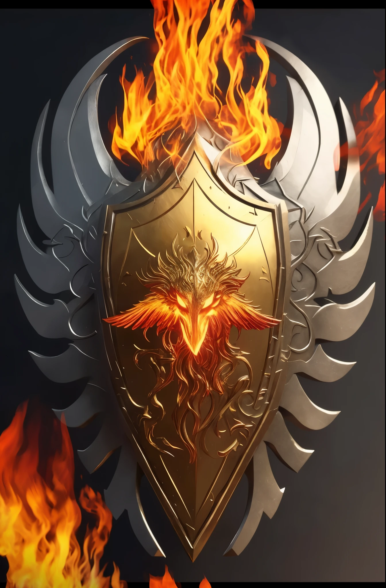 there is a fire and a shield with a bird on it, com asas douradas de fogo of flame, com asas douradas de fogo, phoenix rising from the ashes, decorated with explosions of fire, phoenix in fire, asas ardentes, fundo do fogo do inferno, phoenix rising, no plano elementar do fogo, escudo de fantasia, with an eagle emblem, projeto de escudo, sacred flame crown spell