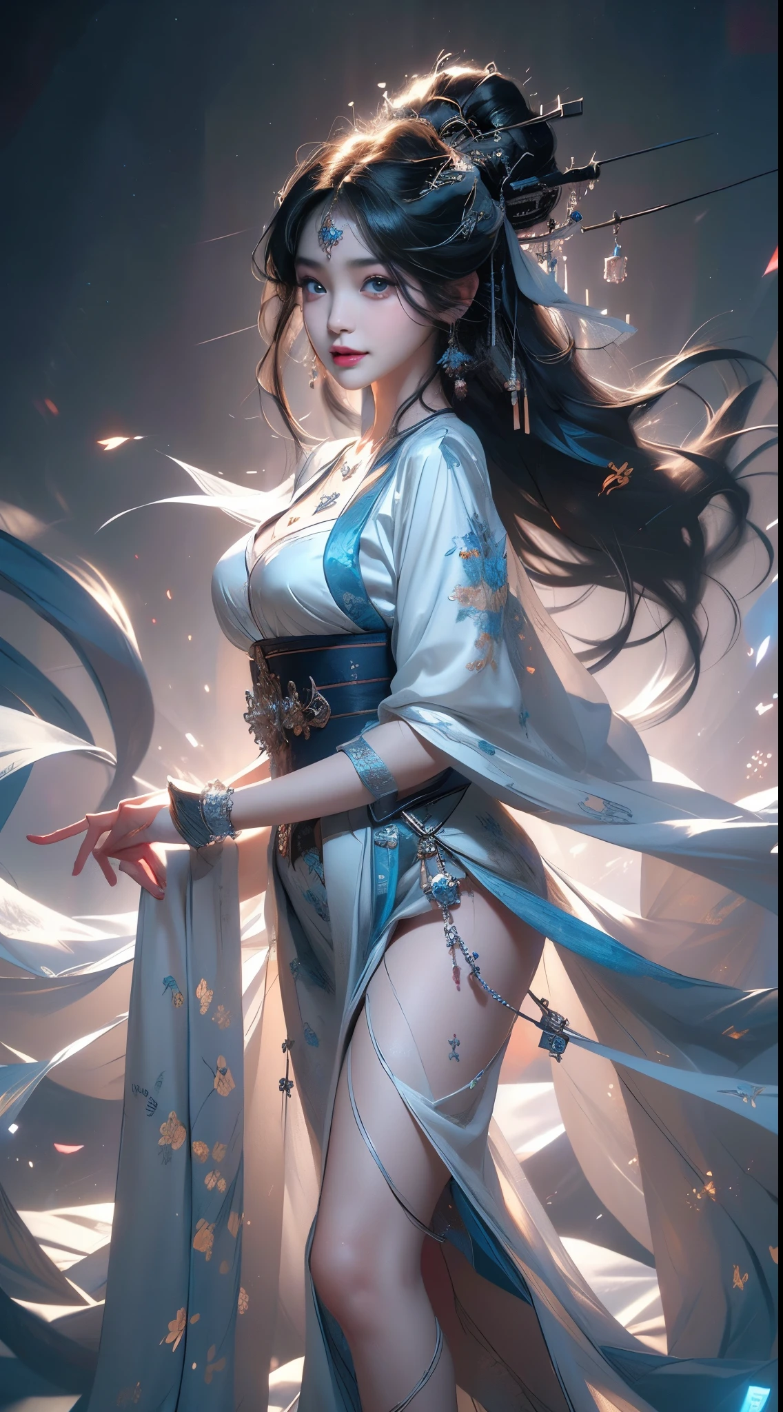 ((knee shot)), 8k, masterpiece, original photo, best quality, detail:1.2), ((Shot at random angles)), lifelike, Extremely detailed CG unified 8k wallpapers, depth of field, movie light, lens flare, Ray tracing, (extremely beautiful face, beautiful lips, beautiful eyes), intricate detail face, ((ultra detailed skin)) 1 girl, in the darkness, deep shadow, beautiful korean girl, kpop idol,(Very slim figure:1.3), plump breasts, (bright smile), (City night, (neon lights), (night), beautiful korean girl, white diamond earrings, diameter bracelet, Dia Necklace, clear eyes, Walk, (big eyes), right hand, anatomically correct