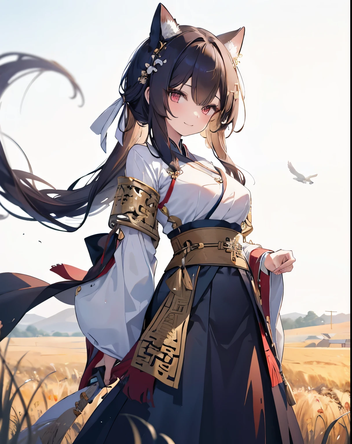 masterpiece,1girl, sparrow, a black haired girl, wearing a medieval chinese villager clothes, curly medium hair, messy hair, black skirt, golden hanfu, slim body, big breasts, she close her left eye, shirt ornament, ****ppai, hair ribbon, seductive smile, beautiful breasts, rounded breasts, crimson eyes, flared skirt, plaid skirt, she stands in the wheat field, hair bun,