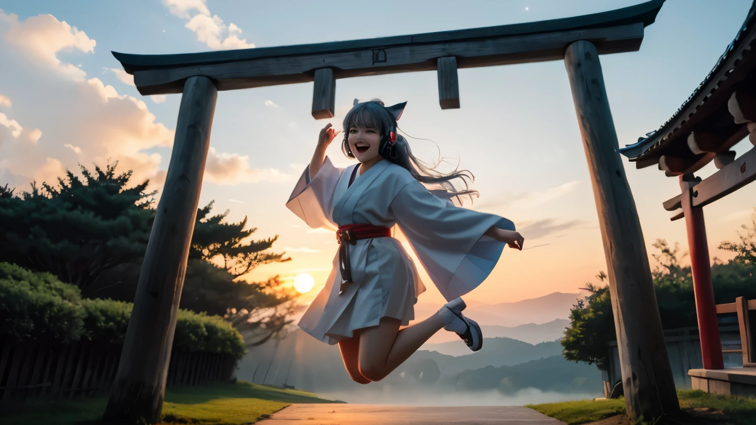 masterpiece, highest quality, movie stills, 1 girl, Cloud Girl, floating in the sky, close, bright, Happy, warm and soft lighting, sunset, (spark:0.7)、Cat ear、headphone、gray hair、17 year old girl、cute、Glamour、good style、laughter、Plump、good style、shrine、torii、In town、shrine maiden、fortune teller、mature、silver hair、long hair、big eyes、double eyelid、whole body、jump up、beautiful feet、、shrine maiden服、