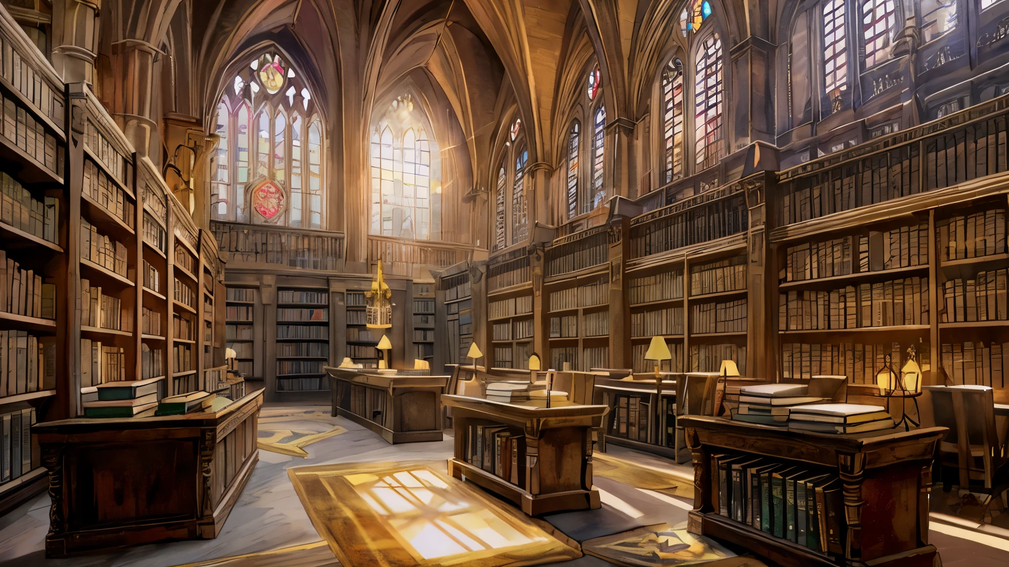 Hogwarts School of Witchcraft and Wizardry、very large library、Sunlight is shining in、warm atmosphere、Beautiful, solemn and quiet atmosphere