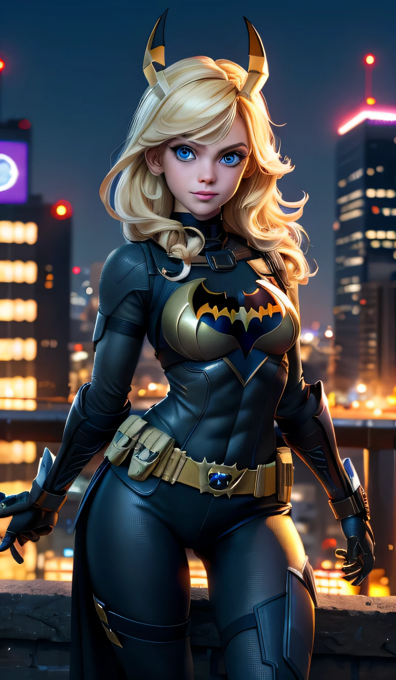 mini\(ttp\), (8k, RAW photo, highest quality, masterpiece:1.2), City night background, cute background, written boundary depth, Batgirl in golden armor, blue eyes, blonde hair