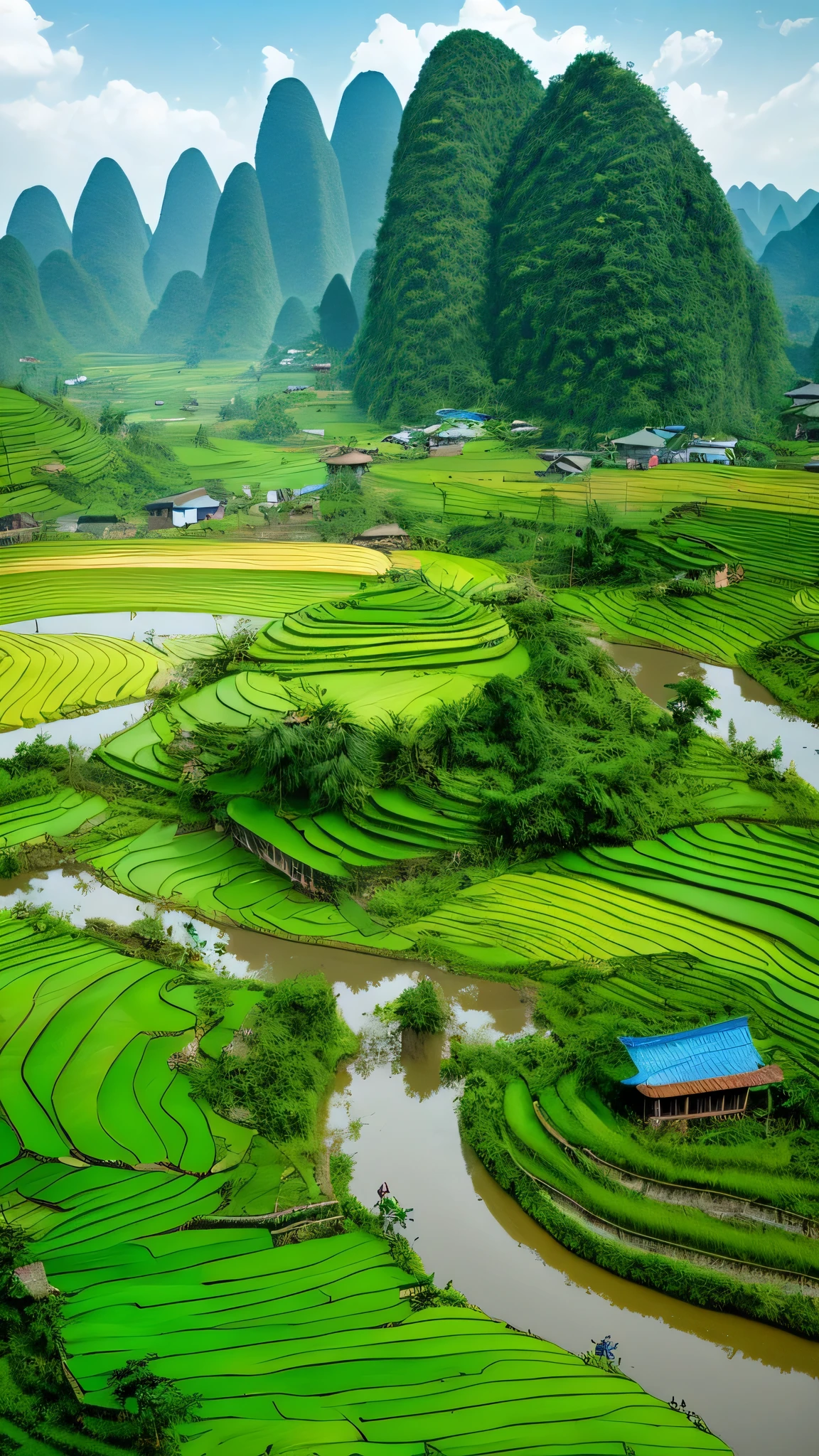 Mingshi pastoral scenery in Chongzuo City, Guangxi，Green rice paddies，scattered farmhouses，meandering river，bamboo raft and farmer，lush hills，Blue sky and white clouds，leisurely herd，Traditional wooden bridge，Tropical plants，HD details, Super detailed, Work, Surrealism, soft light, Deep field focus bokeh