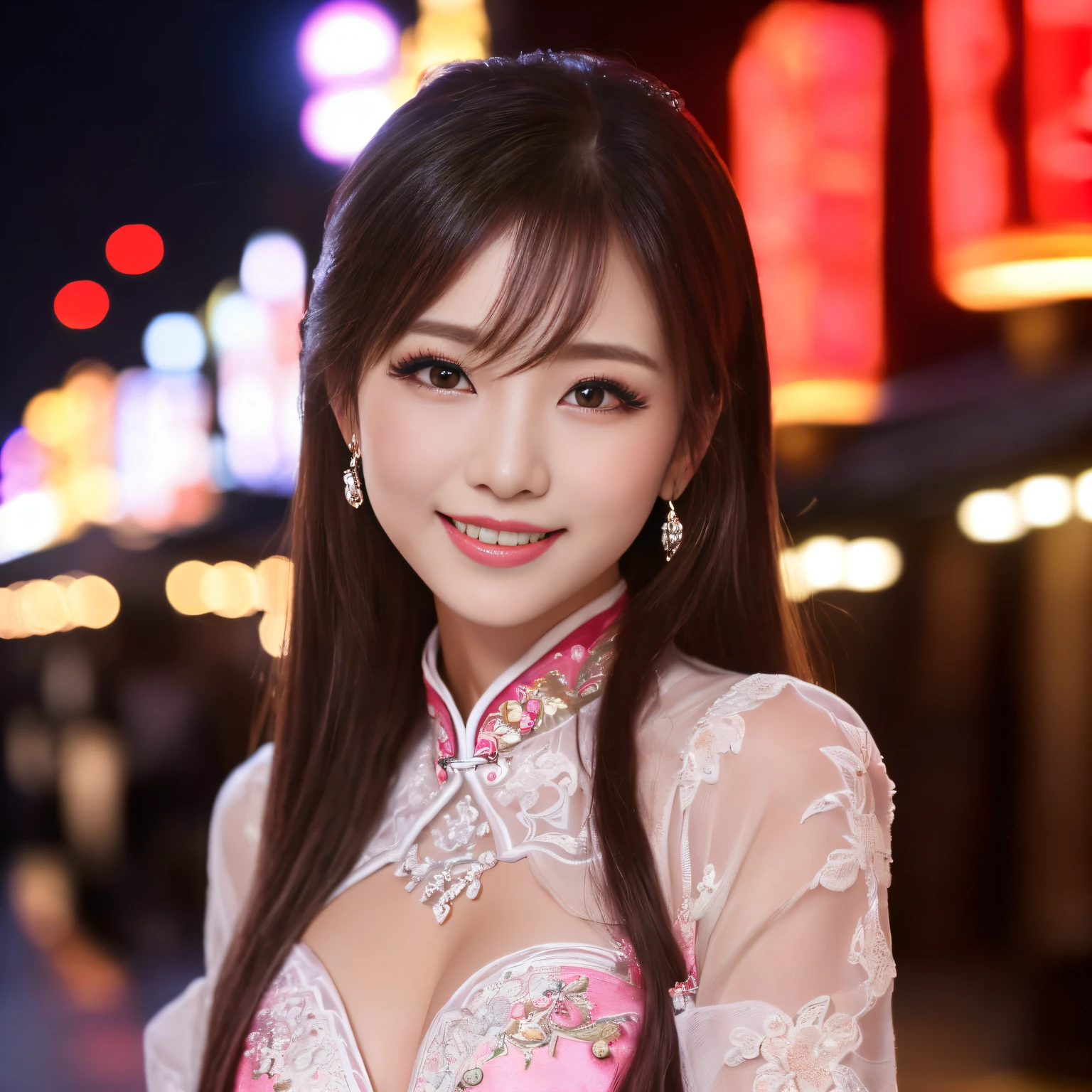 ((top-quality、masutepiece、8K、Top image quality、Highly complex and detailed depictions))、(Photo of the upper body of a Chinese prostitute:1.3)、Chang'an garrison at night、The most luxurious ancient Chinese architecture、The most luxurious ancient Chinese costumes、((The most gorgeous Chinese prostitute huge costume、the most vivid and luxurious costumes、big long costume、The most luxurious and huge garrison、An unimaginably luxurious garrison、A very luxurious and huge garrison、Huge red light district at midnight、Very complex decoration、A very clear Chang'an garrison))、(View me、Bewitching smile、Perfect makeup、long eyelashes、pink lipsticks、Pink eyeshadows、perfect anatomia、Biggest smile)