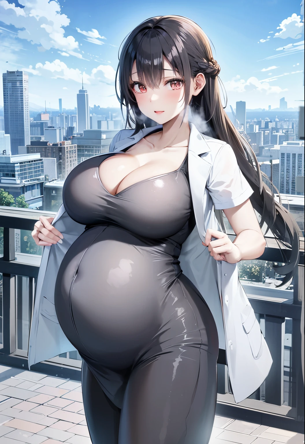 pregnancy of nine months, hyperpregnant woman, black pantyhose,latex dress, hot girl, wife, dressed with a round belly