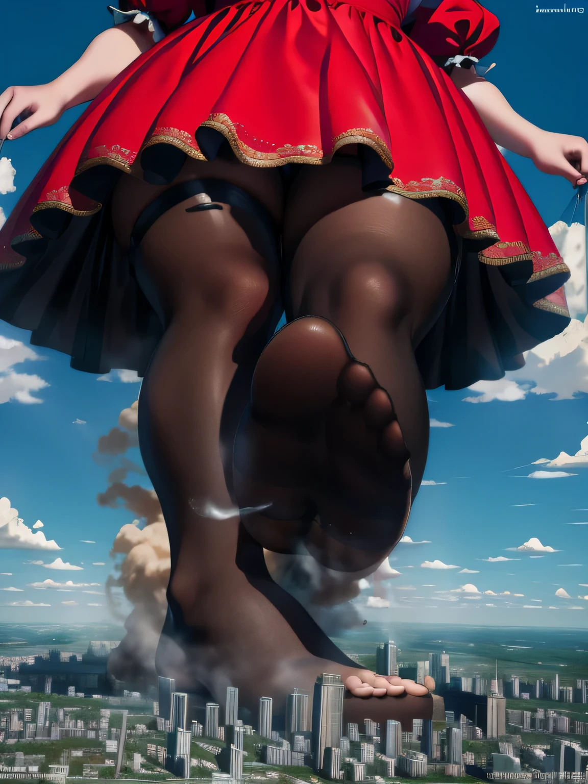 Giantの芸術, 非常に詳細なGiantショット, Giant, short hair, Two huge beautiful girls that are bigger than a skyscraper, wearing rimless glasses, big breasts, big ass, maid服, black pantyhose, pantyhose barefoot, Steam comes out from the soles of the feet, very small metropolis, miniature metropolis, crush the big city, full body description, GTS, ギガGiant, stomping city, crash city, small town, micro city, High resolution, highest quality, masterpiece, maid,