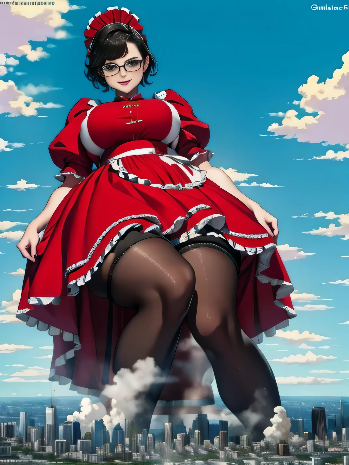 Giantの芸術, 非常に詳細なGiantショット, Giant, short hair, Two huge beautiful girls that are bigger than a skyscraper, wearing rimless glasses, big breasts, big ass, maid服, black pantyhose, pantyhose barefoot, Steam comes out from the soles of the feet, very small metropolis, miniature metropolis, crush the big city, full body description, ＧＴＳ, ギガGiant, stomping city, crash city, small town, micro city, High resolution, highest quality, masterpiece, maid, 