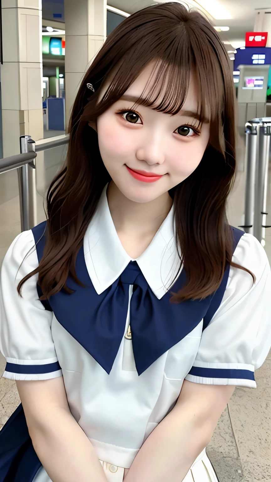 realistic pictures (1 cute korean star) crossed bangs, light makeup, medium chest size, smile a little, school uniform,high school uniform、 At the airport, throw, eye level shot,, Hmm, masterpiece, High resolution, 16k