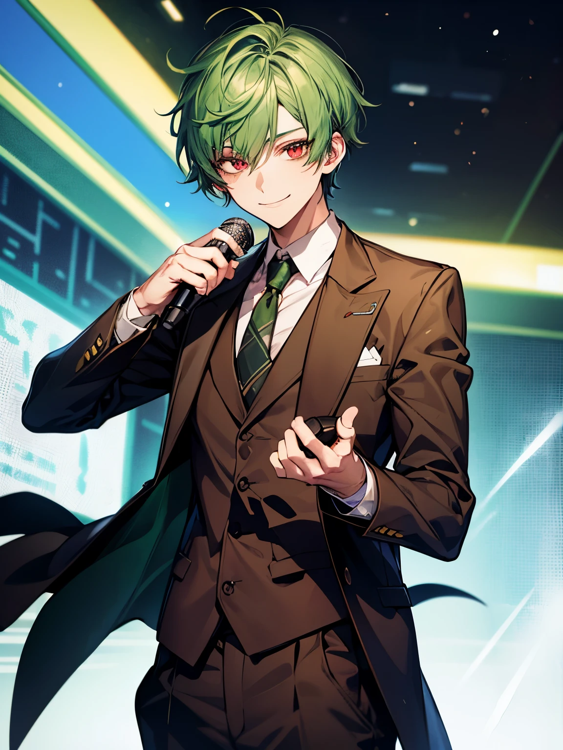green hair, red eyes, mysterious, cool, male, short hair, ager, deceiving smile, holding a mic, light brown suit