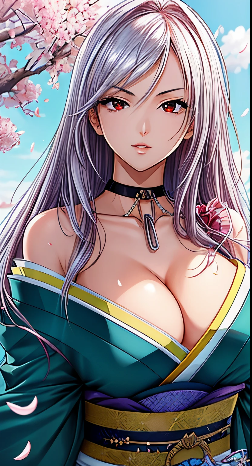 red eyes, (highest quality, masterpiece絵画:1.3), mature woman, 26 years old, (half body shot), masterpiece, ultra high resolution, (Photoreal:1.0), Bright silver hair、straight hair, beautiful shining hair, white and shining skin, ((Ultra realistic details)), octane rendering, highly detailed face, (big breasts:1.0),(Sexy and gorgeous Japanese kimono,low cut neckline,delicate decoration:1.2), open neckline, cleavage, perfect body, soft skin, anime face, perfect face, perfect eyes, looking at the viewer, smart, Under the cherry blossom tree background, church, cherry blossom petals are falling, outdoors,sharp focus, intricate details, professional artwork, (bright colors:1.1), bright colors, diffused lighting, digital blending, ultra-definition body, ultra detail hair, super detailed face, that'It's trending on pixiv, top button open, Cute gaze, compensate, perfect lips, perfect compensate, Ultra-precision coating, Glaring a little