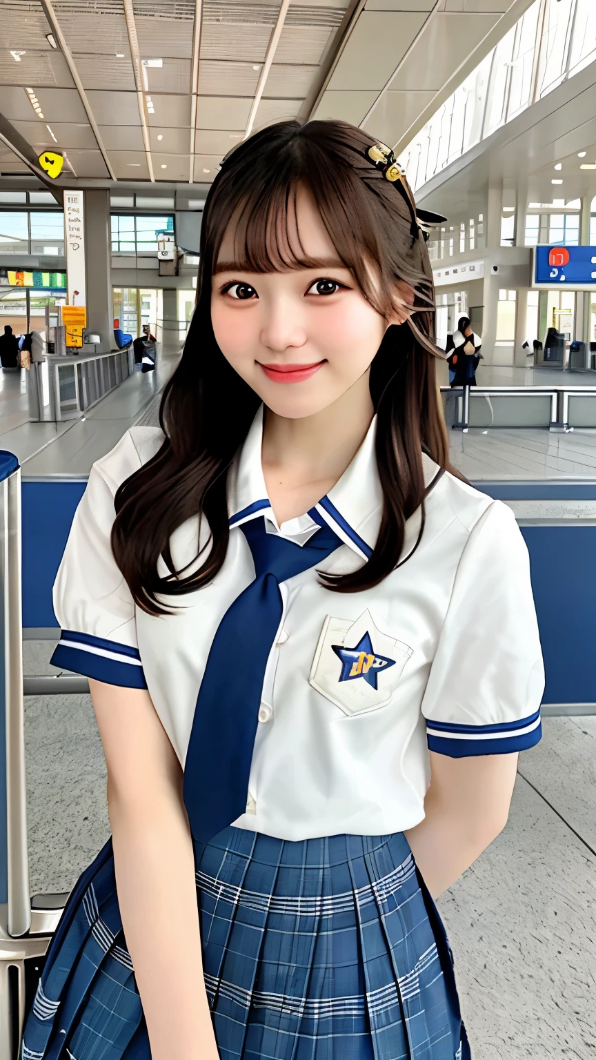 realistic pictures (1 cute korean star) crossed bangs, light makeup, medium chest size, smile a little, school uniform,high school uniform、 At the airport, throw, eye level shot,, Hmm, masterpiece, High resolution, 16k