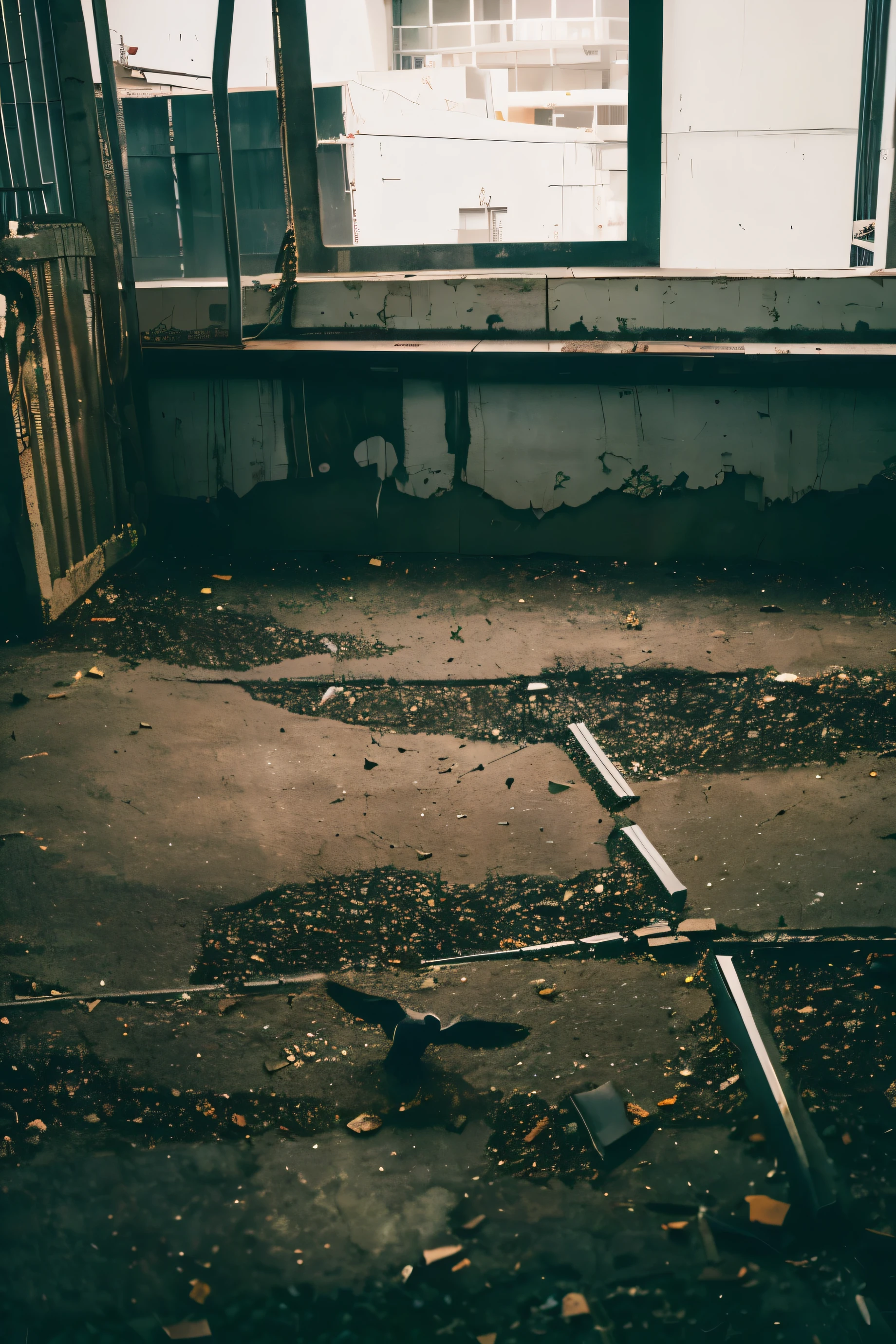 ((late night))、(darkness)、(dark)、((midnight))、(破壊されたground)、(Cracked concrete)、(Exposed steel frame)、Breaking the fast、wreckage、ground、((bird'point of view))、((photo quality))、High resolution、high quality、rust、