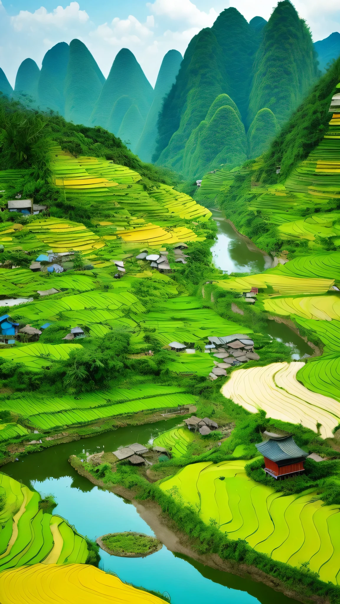 Mingshi pastoral scenery in Chongzuo City, Guangxi，Green rice paddies，scattered farmhouses，meandering river，bamboo raft and farmer，lush hills，Blue sky and white clouds，leisurely herd，Traditional wooden bridge，Tropical plants，HD details, Super detailed, Work, Surrealism, soft light, Deep field focus bokeh