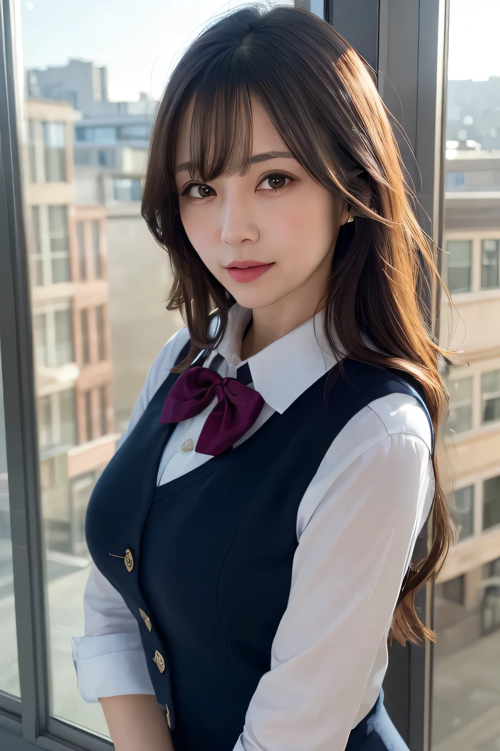 1 girl, mature woman, vest, bow, photograph, realistic, highest quality, hire, detailed face, office, building seen from the window, detailed background, diffused sunlight, written boundary depth, Around mid 20s