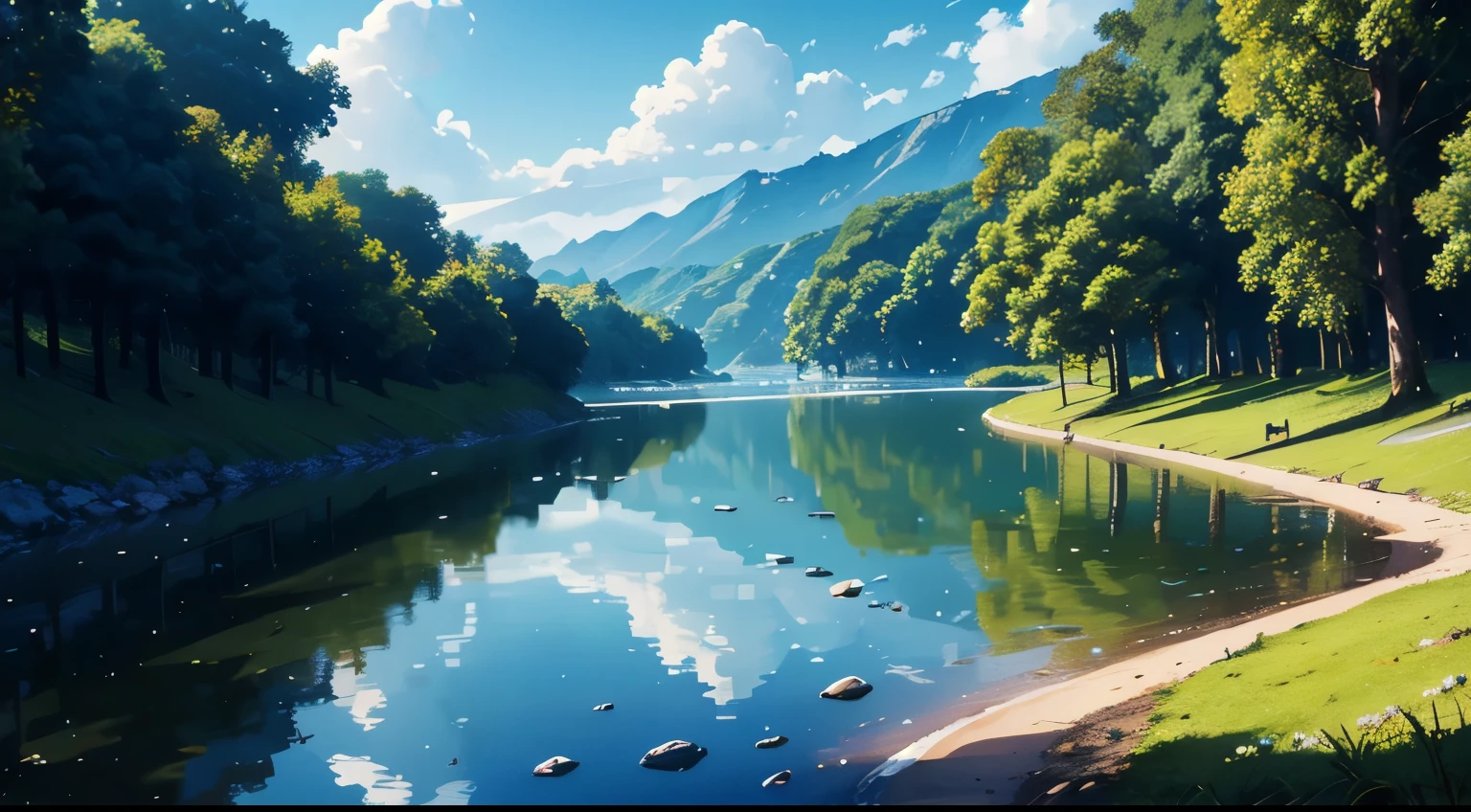 papel de parede, summer lago, lago, Barco, sol da tarde, already, lago background, profundidade de campo, Clima quente, Detalhe HD, marca d'wet water, Hiperdetalhe, foto realista, 16K, Surrealismo, Luz suave, bokeh de foco de campo profundo, rastreamento de raios, difuso (Ultra-thin glass reflection) and Surrealismo. --v6