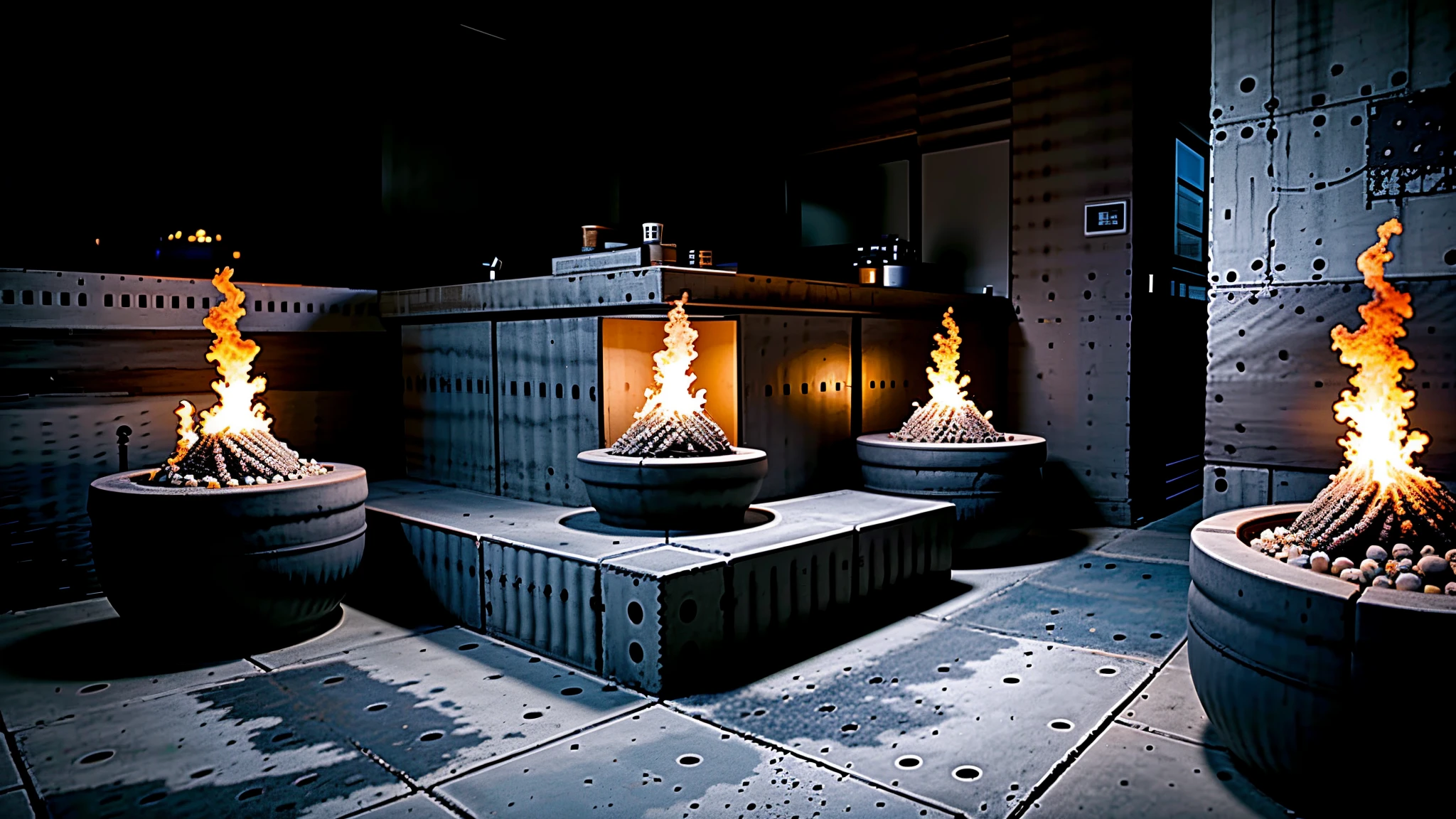 hyper detailed masterpiece, dynamic, awesome quality,DonMFr4ck7ur3dUnd3rw0rldXL techno-anarchist safehouse, insulated concrete forms, oil lamps,fire bowls, bar lighting