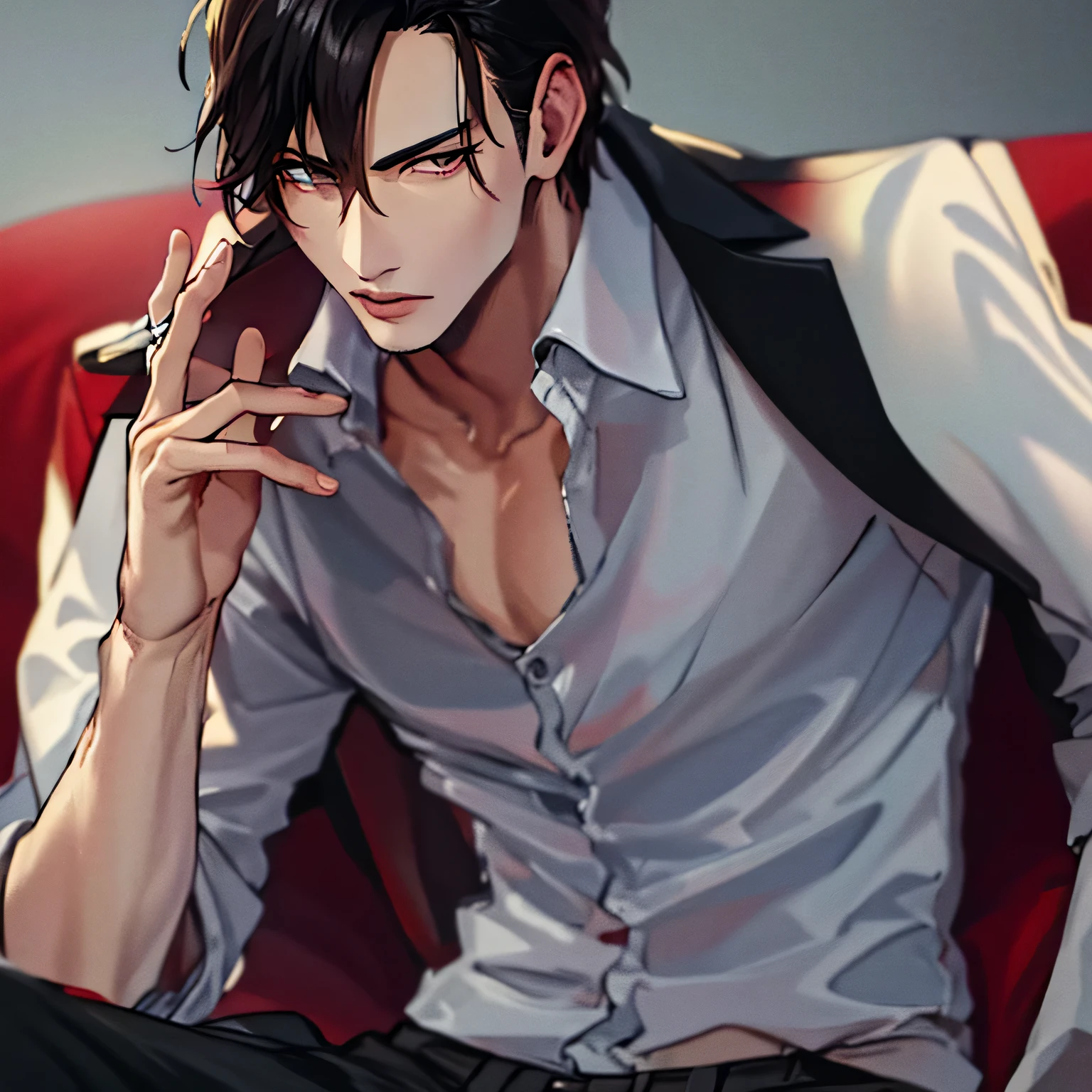 Obra maestra, maximum quality, mejor calidad HD, a closeup of a person sitting on a couch smoking a cigarette, hombre guapo animado, pose de anime guapo, de fumar, personaje de anime masculino, estilo de arte manga, estilo anime masculino, chico anime alto con ojos rojos, estilo animado, estilo de captura de pantalla anime.