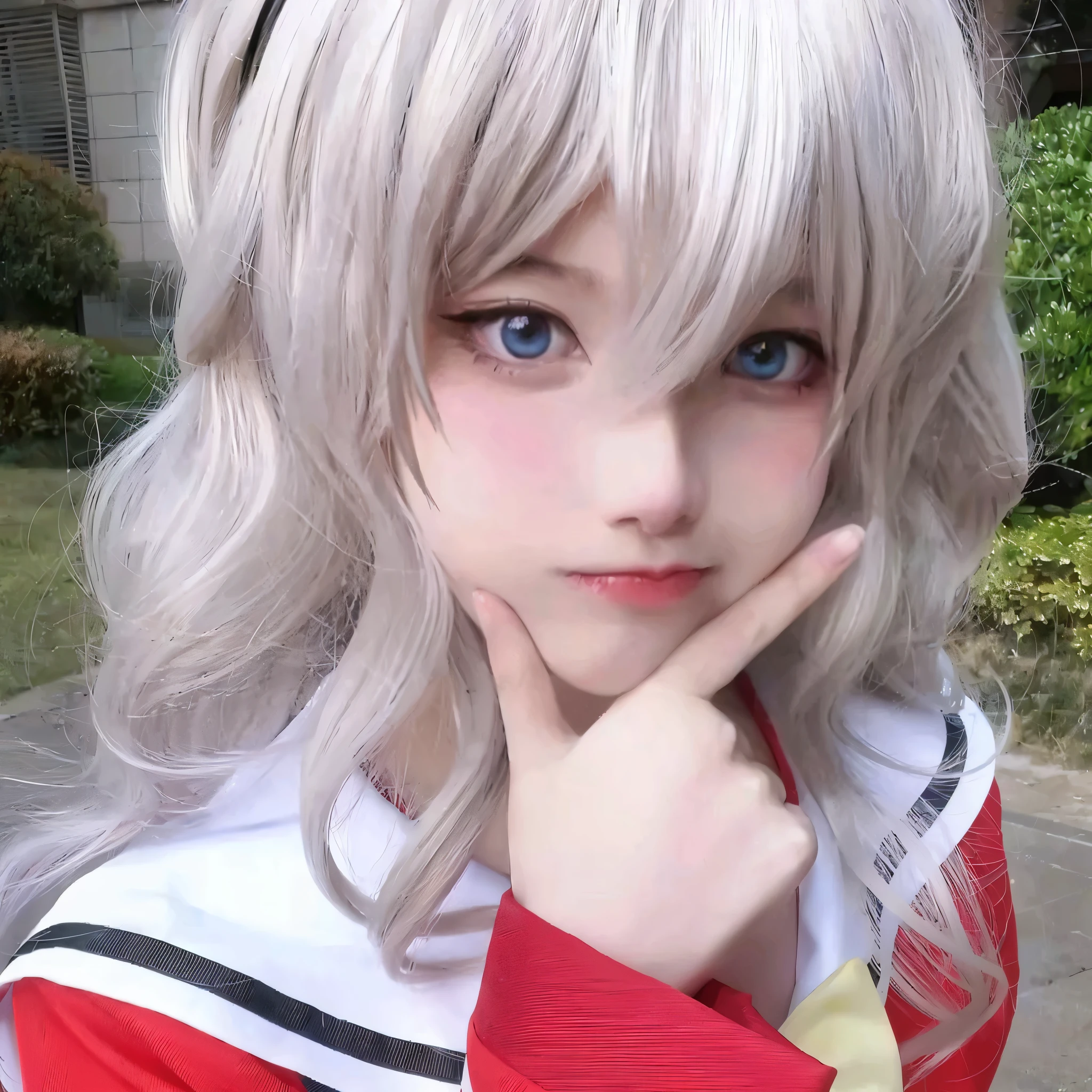 Girl with blond hair and blue eyes and red jacket posing for photo, Anime Girls Cosplay, Anime cosplay, real life anime girls, Cute and natural anime face, realistic young anime girl, Beautiful anime high school girl, perfect white haired girl, anime inspiration, young anime girl, as an anime character, Realistic animation, professional role play, Realistic animation3D风格