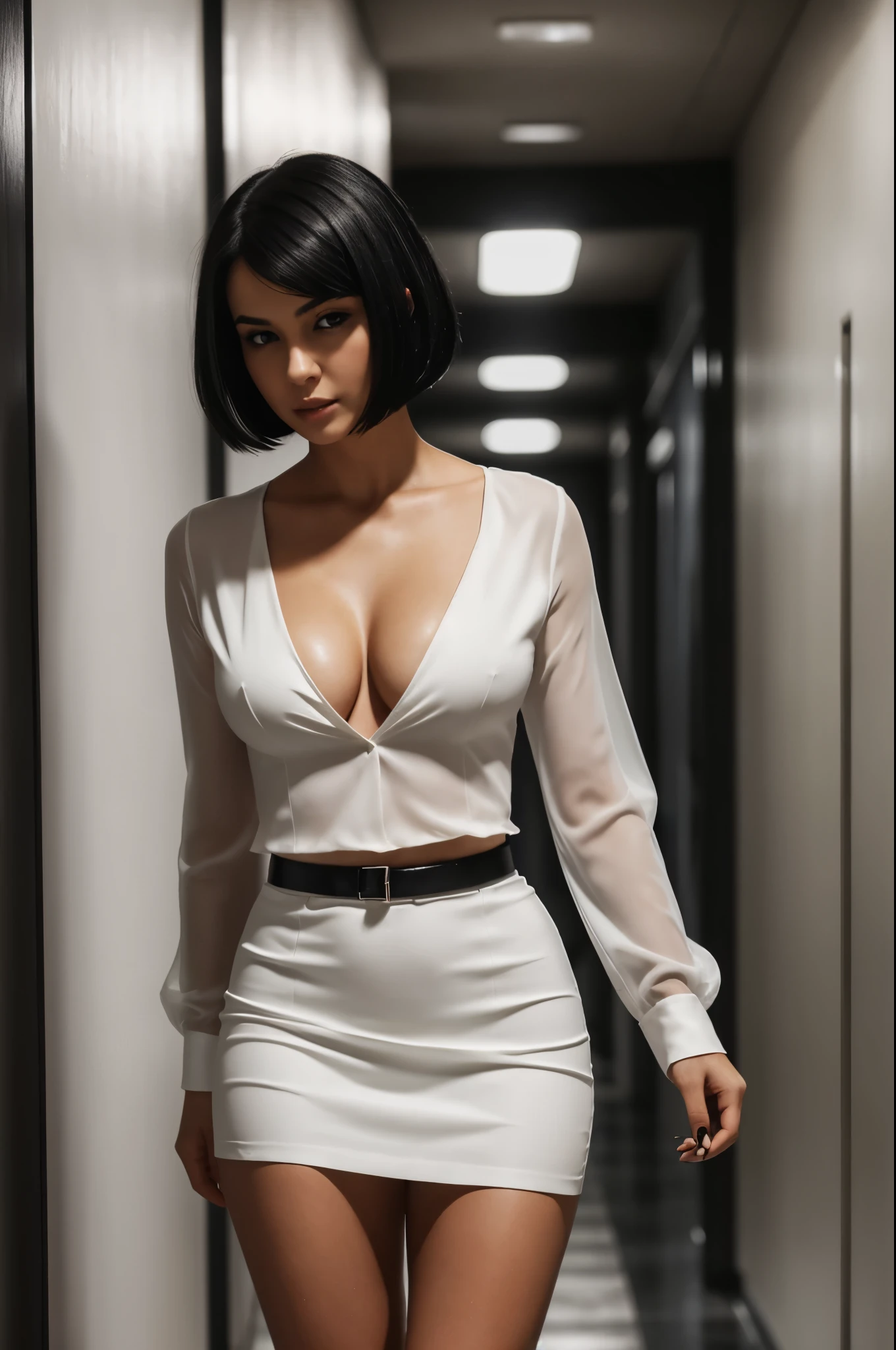 beautiful woman, femme fatale, black hair in bob cut, white blouse, black skirt, in dark grey hallway, snake tattoo on chest, cleavage