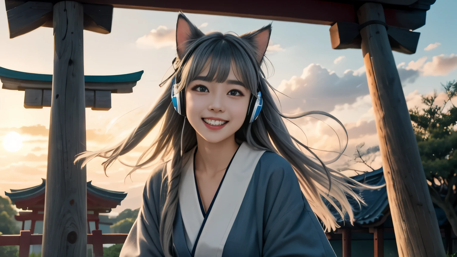 masterpiece, highest quality, movie stills, 1 girl, Cloud Girl, floating in the sky, close, bright, Happy, warm and soft lighting, sunset, (spark:0.7)、Cat ear、headphone、gray hair、17 year old girl、cute、Glamour、good style、laughter、Plump、good style、shrine、torii、In town、shrine maiden、fortune teller、mature、silver hair、long hair、big eyes、double eyelid、whole body、Panty shot、shrine maiden服、