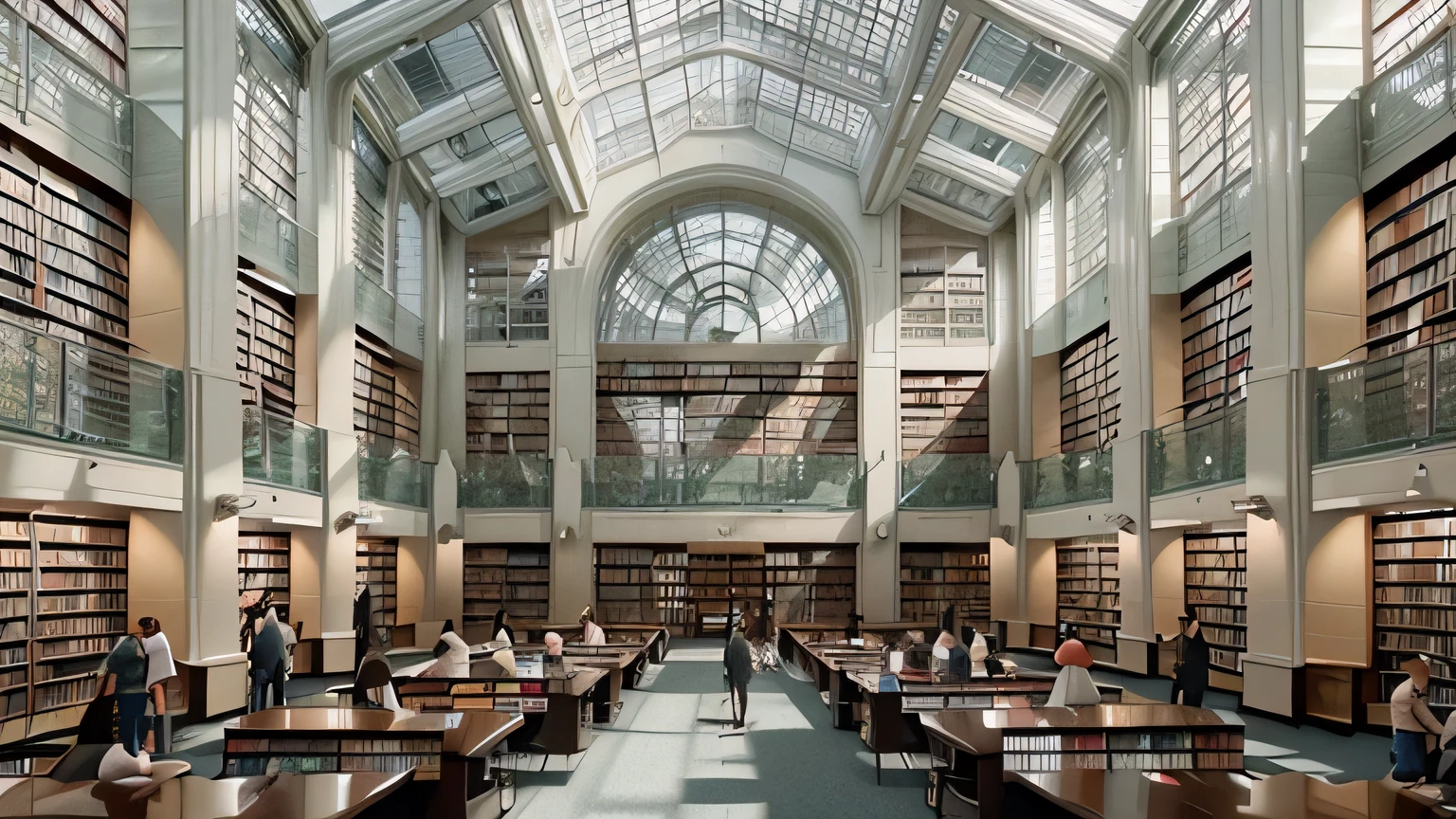 arafed view of a library with a lot of people, In the library, vast library, In the library, at the library, fancy library, book library studying, giant glass structure, large glass ceiling, glass ceiling, view, more pale. millions of glass-walled, library interior background, Books Everywhere, stylized photo, High resolution