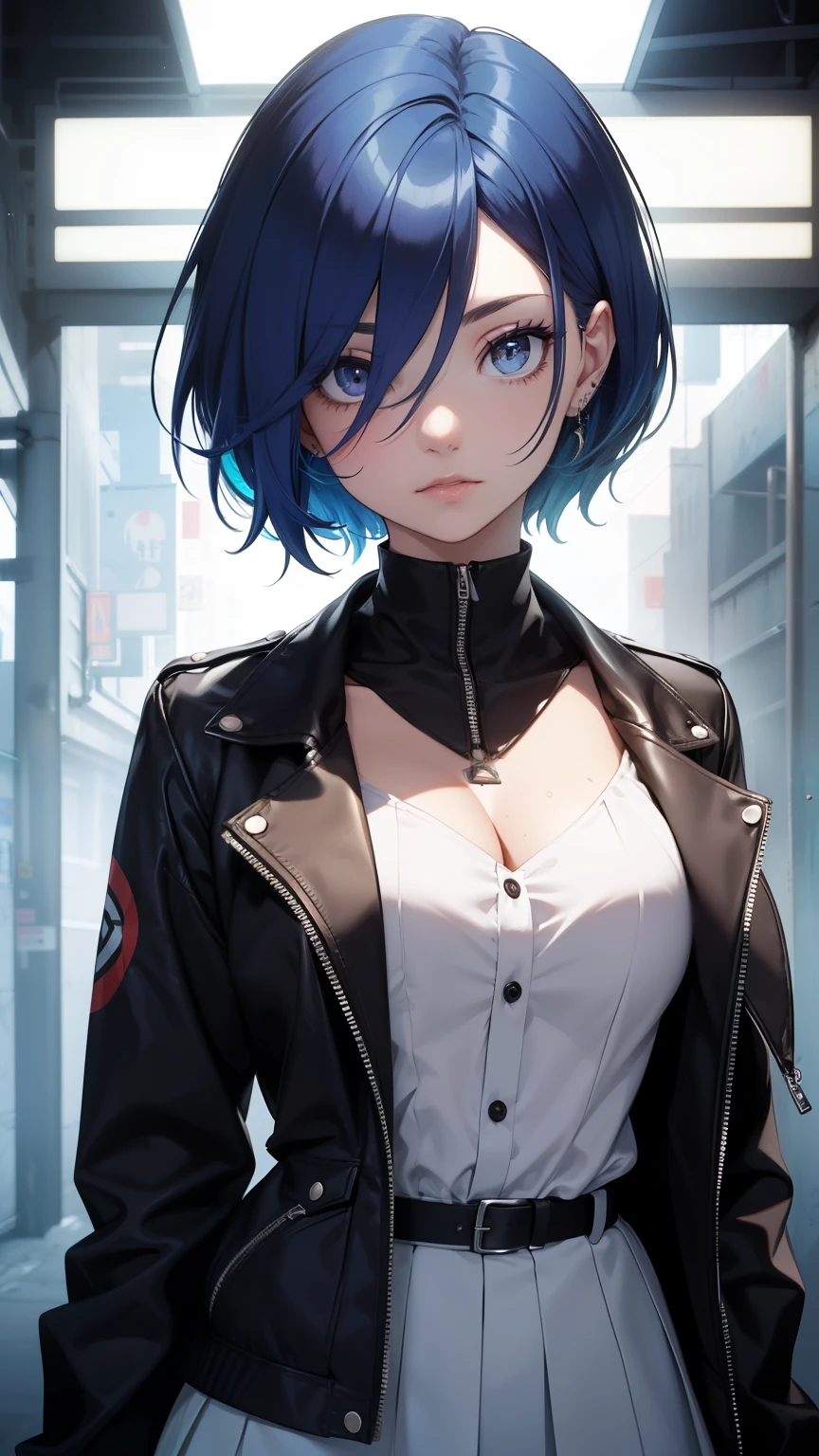 Masterpiece,detailed,High Resolutions:1.4) , Model photo, close, detailed face, fine and detailed eyes,, (Kirishima Touka),medium blue hair,ojo ghoul,retro jacket,Ghoul of Tokyo,Retrofuturistic background, vibrant colors, HDR,, ,