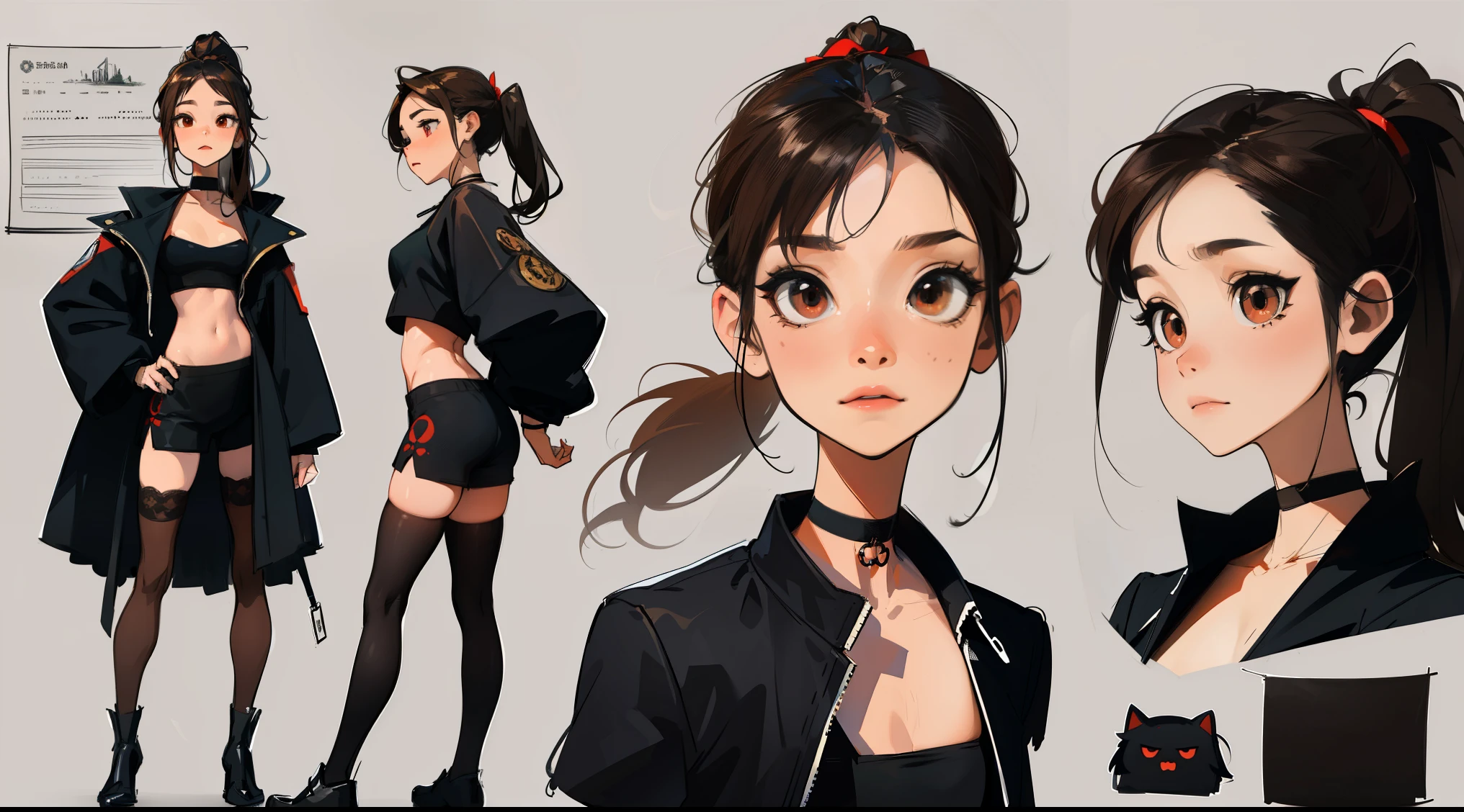 ((masterpiece, best quality)), detailed face, character sheet, Telegraph slang, Full of details., Multiple Poses and Expression, very detailed, depth, many parts, 1st son,For 6 years old :3, Long hair in brown single ponytail, Black crop top, mitt, stockings, black choker, red eyes, star (symbol), pupils in symbol shapes
