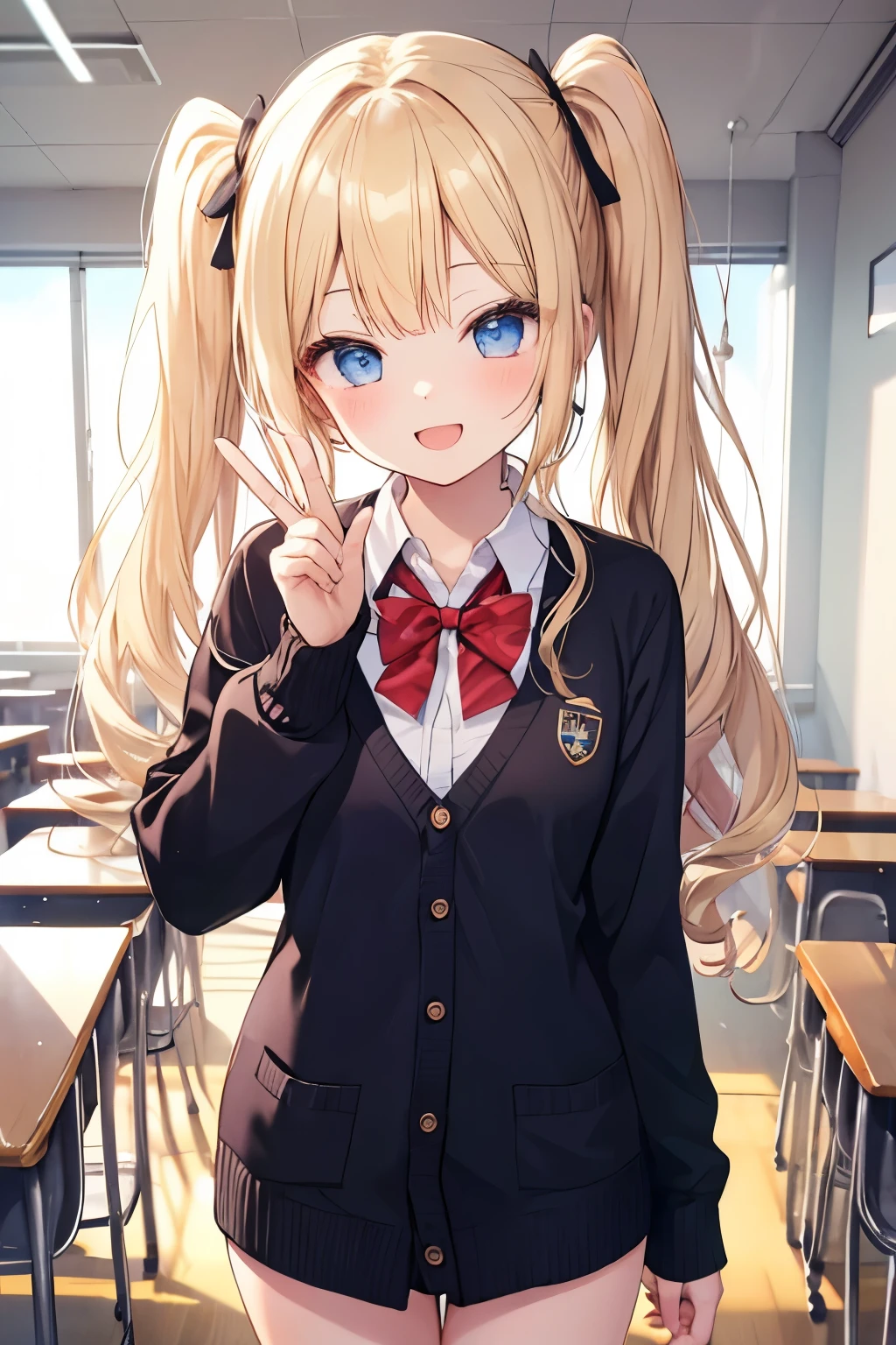 blonde blue eyes、 girl、small breasts、twin tails、laughter、Nico Nico Smile、uniform、I&#39;m wearing a knit cardigan、doing peace、winking、 girl、Looks like a 15 year old、Petan Musume、are in the classroom、short、