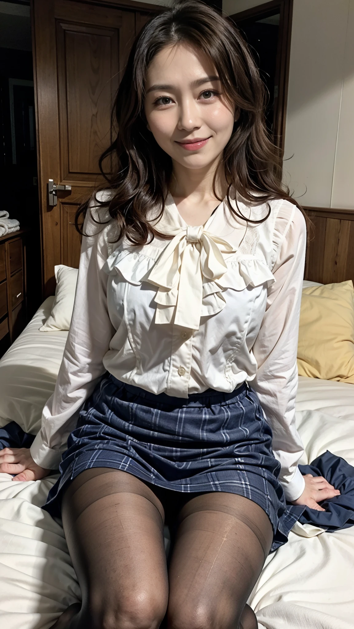 ulzzang-6500-v1.1, (RAW photo:1.2), (Photoreal), (muste piece), (genuine:1.4), 1with a girl、very cute girl、21 years old、game_ticker, ((super realistic pantyhose:1.3)), ダークブラウンのeye(eye), smile of shame、plaid vest、skirt and thighs、sitting on the bed in the bedroom、curly hair、realistic skin texture、shiny skin、exposed thighs!!! , compensate、 Do not wear shoes, (toes)、(business services)、(very kind smile:1.2)、