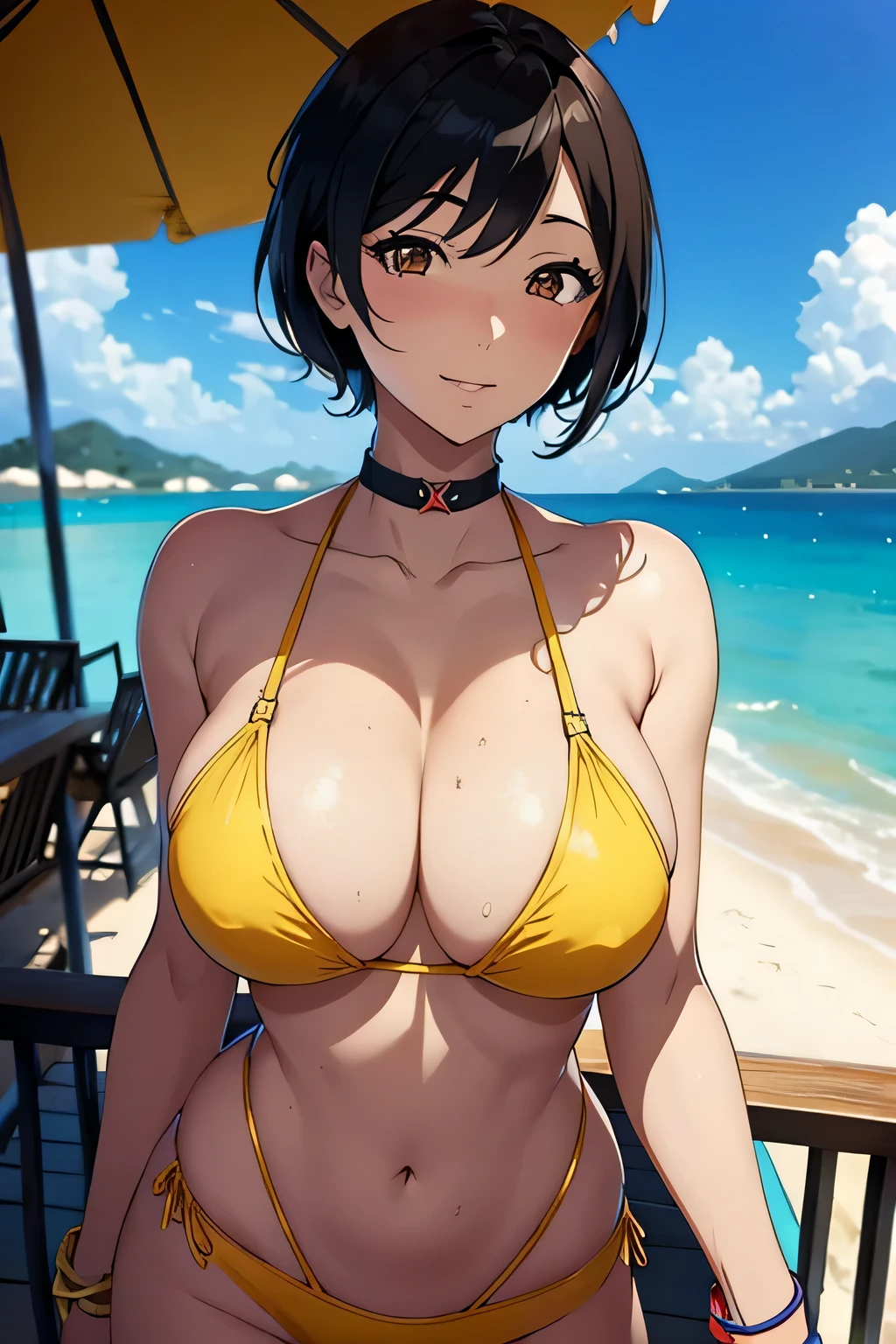 anime style, vibrant colors, highly detailed, highest quality, masterpiece, perfect hands, beach background, japanese girl, black hair, short hair, soft illumination, yellow bikini, standing, upper body, daylight, big breasts, smilling, brown eyes