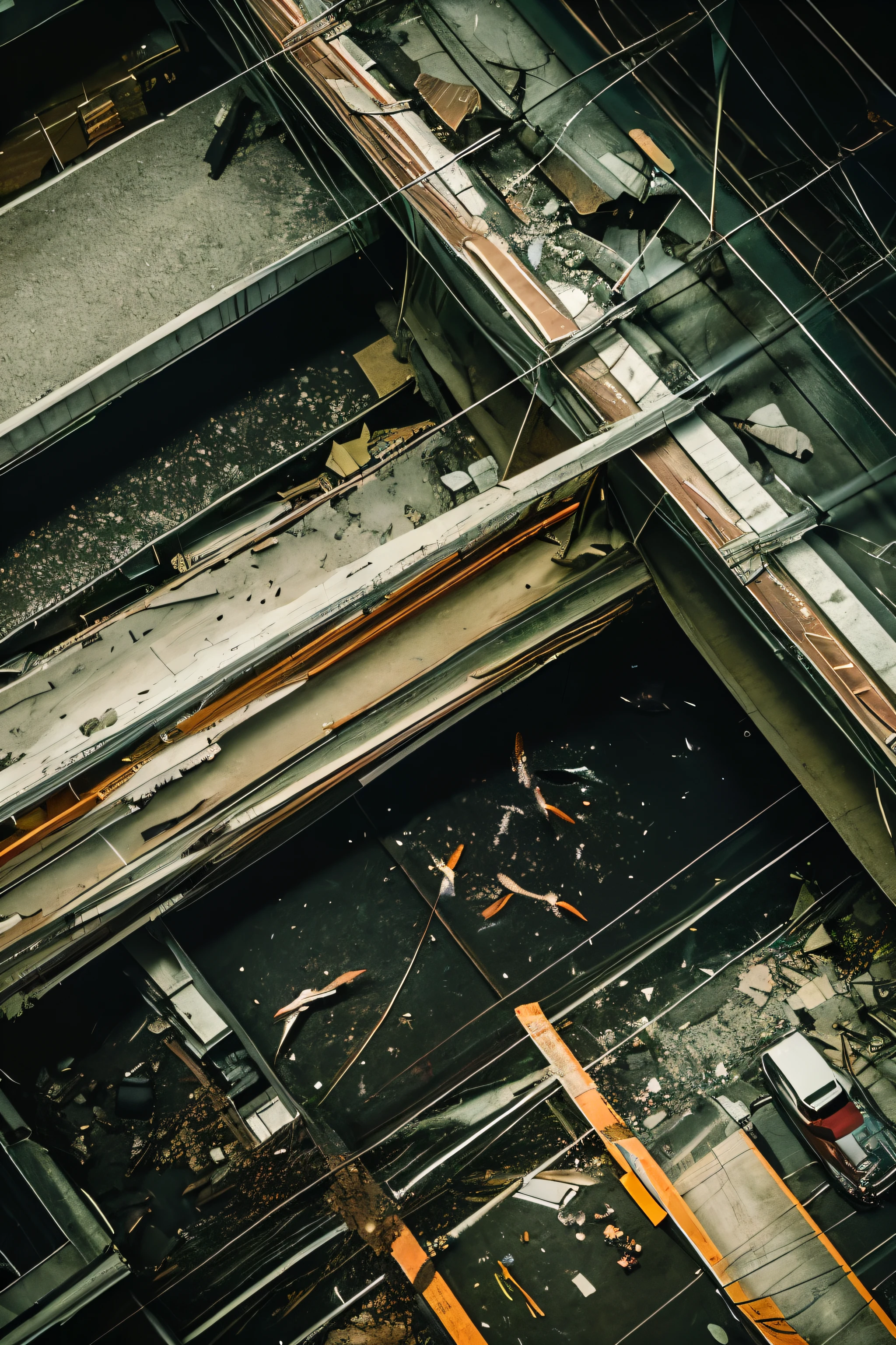 (late night)、darkness、dark、midnight、(破壊されたground)、(Cracked concrete)、(Exposed steel frame)、Breaking the fast、wreckage、ground、((bird'point of view))、((photo quality))、High resolution、high quality、rust、Large hole、