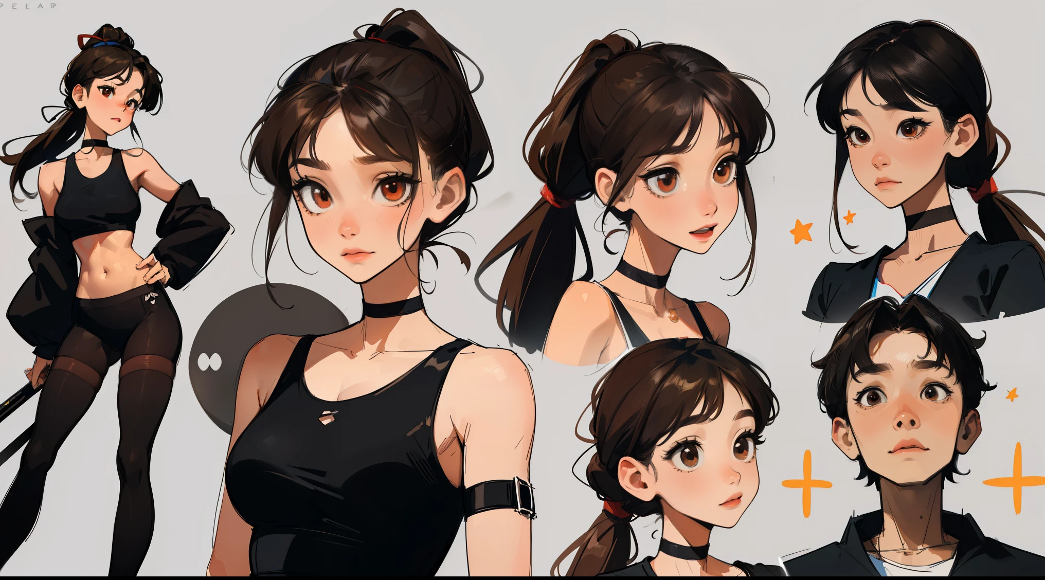 ((masterpiece, best quality)), detailed face, character sheet, Telegraph slang, Full of details., Multiple Poses and Expression, very detailed, depth, many parts, 1st son,For :3, Long hair in brown single ponytail, Black crop top, mitt, stockings, black choker, red eyes, star (symbol), pupils in symbol shapes