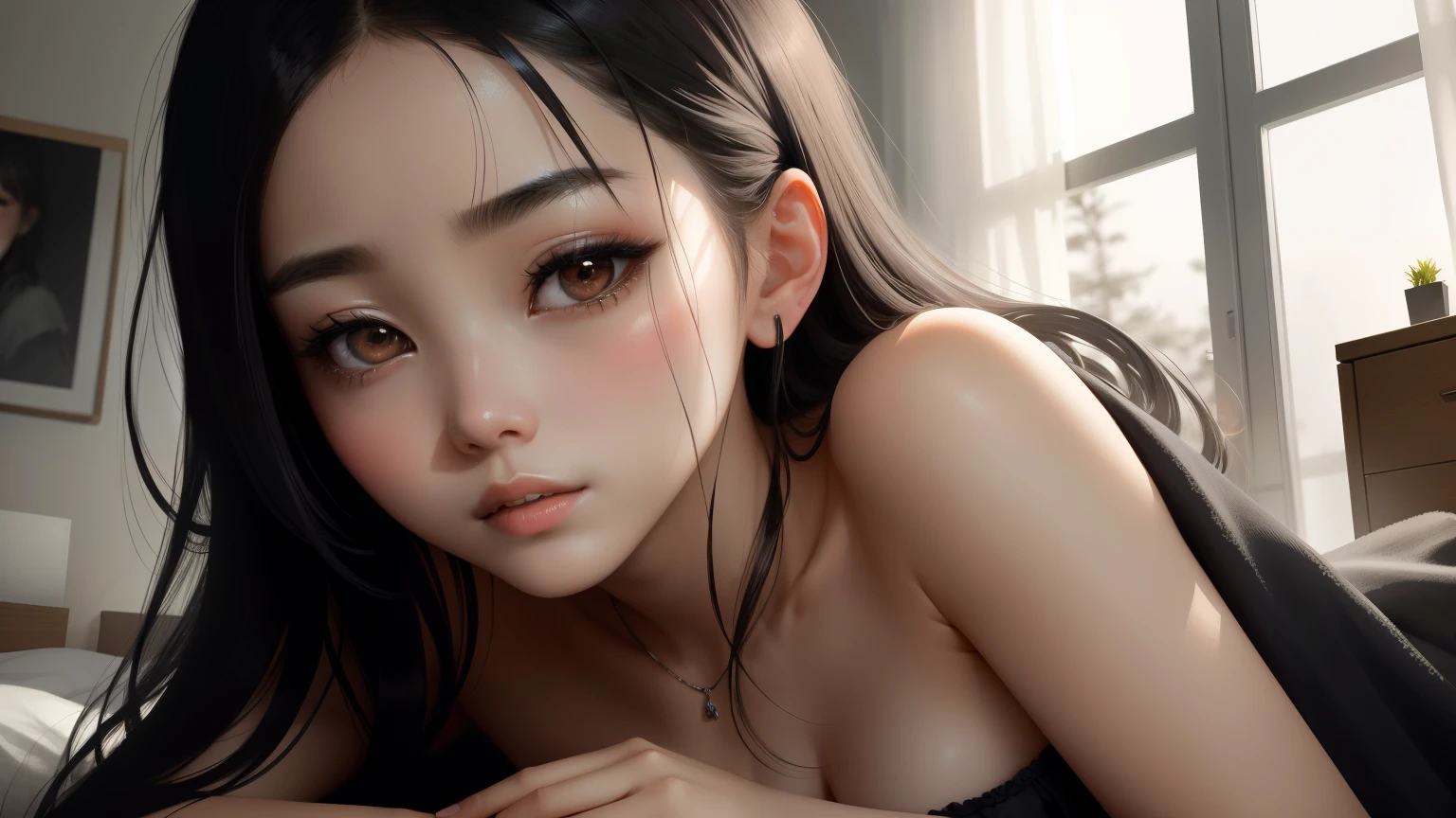 (Top quality masterpiece:1.2) Delicate illustrations, Very detailed, /Beautiful Japanese Women、1 person,Very cute and slim、Great style 、((8k images、super high quality))、Very delicate face, beautifule forehead、Open your mouth wide、Bright red lipstick,(((((Mid-length hair、Light brown hair、Blonde Hair))))),very cute、Kind eyes,((((lingerie、Lie on your back in bed))))