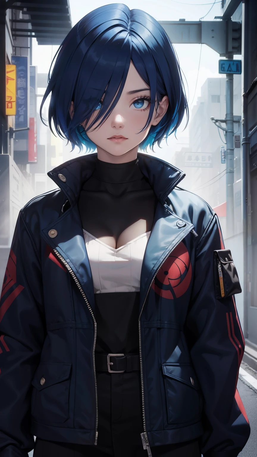 Obra-prima,Detalhado,High resolutions:1.4) , Foto del modelo, fechar, Rosto detalhado, Olhos finos e detalhados,, (Kirishima Touka),medium blue hair,ojo ghoul,retro jacket,Tokyo Ghoul,Fundo retrofuturista, cores vibrantes, hdr,, ,